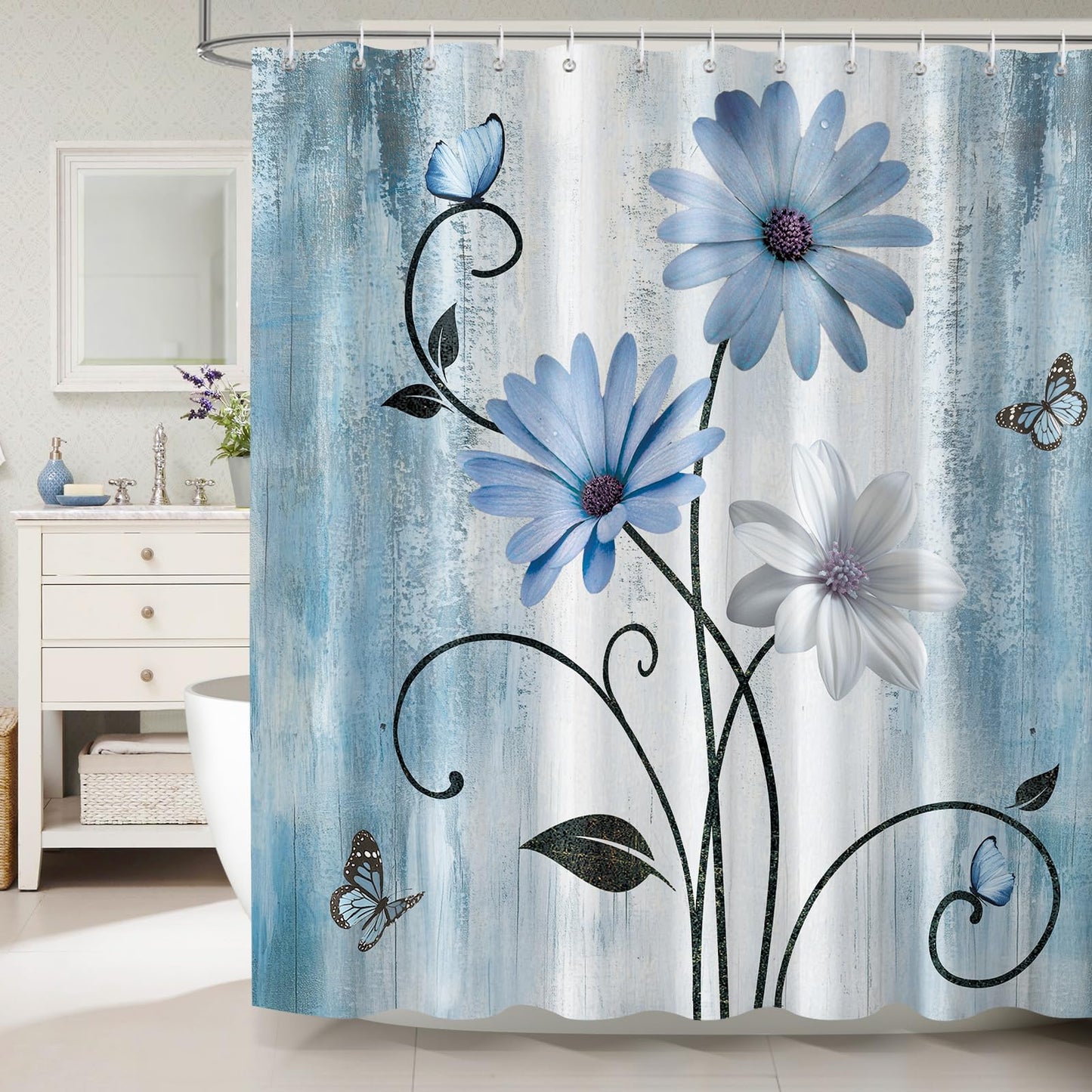 Dazzlewall Blue Floral Shower Curtain 180 x 180 cm, Blue White Daisy Flowers Butterfly Rustic Farmhouse Wooden Bathroom Curtain, Waterproof Mould
