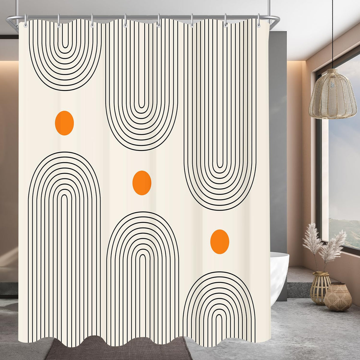 Lerores Shower Curtain, 120 x 200 cm, Geometric Curve, Weighted Hem, Anti-Mould Textile, Water-Repellent, Washable Polyester Fabric Bath Curtains for