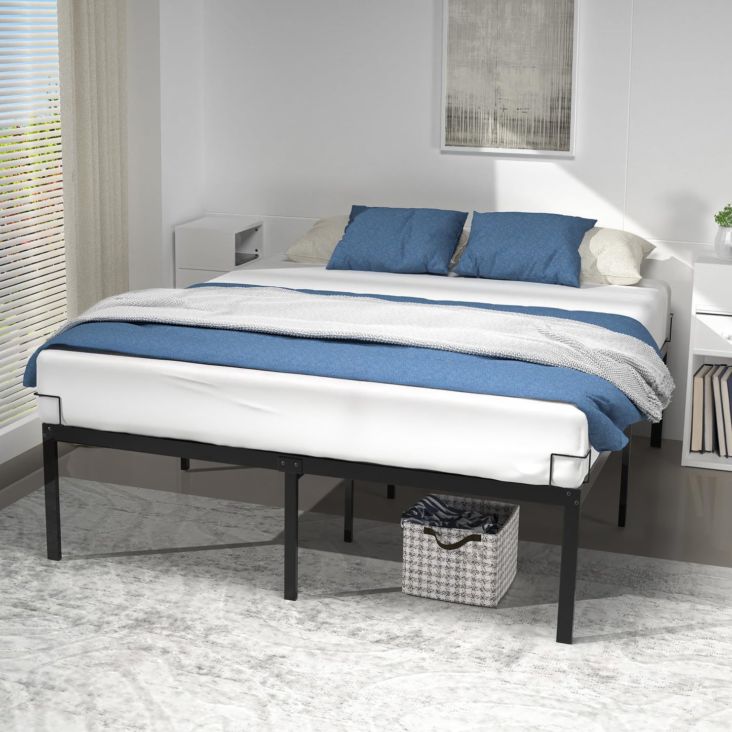 VOUNOT LargeDouble Bed Frame 150 x 200 cm - Sturdy Metal Bed Frame with Steel Slat Support - 36cm Height Storage Space Under the Bed - Black