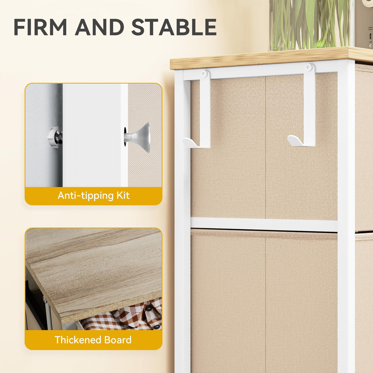 DWVO Narrow Chest of Drawers with 4 Drawers, Fabric Chest Drawers with Side Pocket&Hooks,Easy Pull Handle,Sturdy Steel Frame for Bedroom,Living