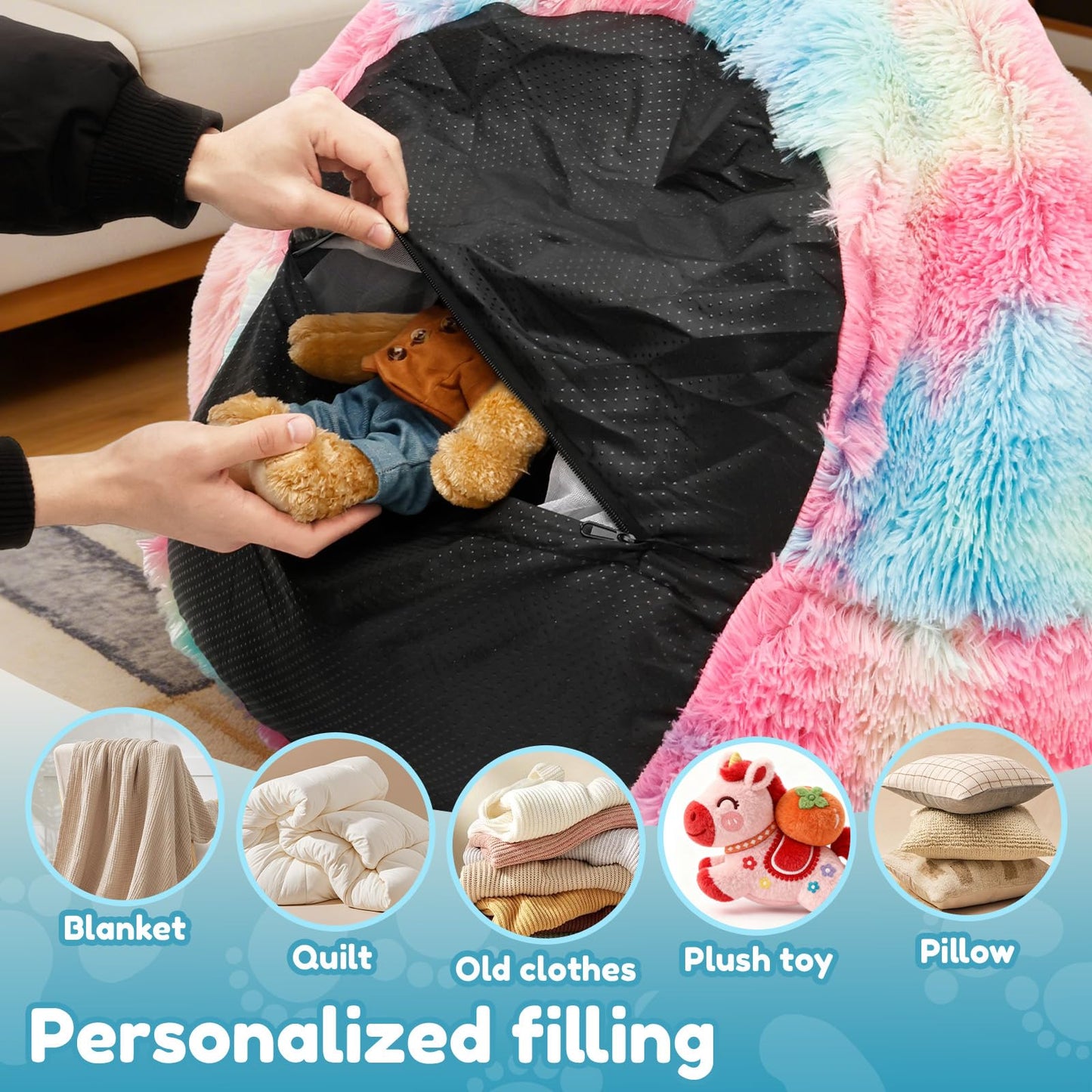 Fluffy Bean Bag Cover (Cover Only, No Filler), Extra Large Plush Tie Dye Beanbag Chair Slipcover