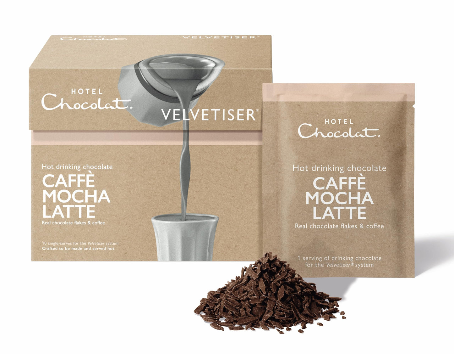Hotel Chocolat Caff? Mocha Latte Hot Chocolate Sachets - Luxury Chocolate Flakes - Pack of 10 Single-Serve Sachets, 310g - Suitable for Vegetarians