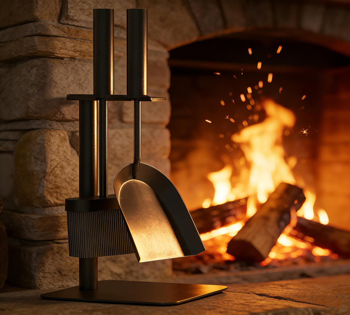 Kingson 3-Piece Fireplace Tools Set Includes Brush, Shovel, and Stand 16x16x35.5cm Log Burner Accessories Complete Fireside Companion Set Black