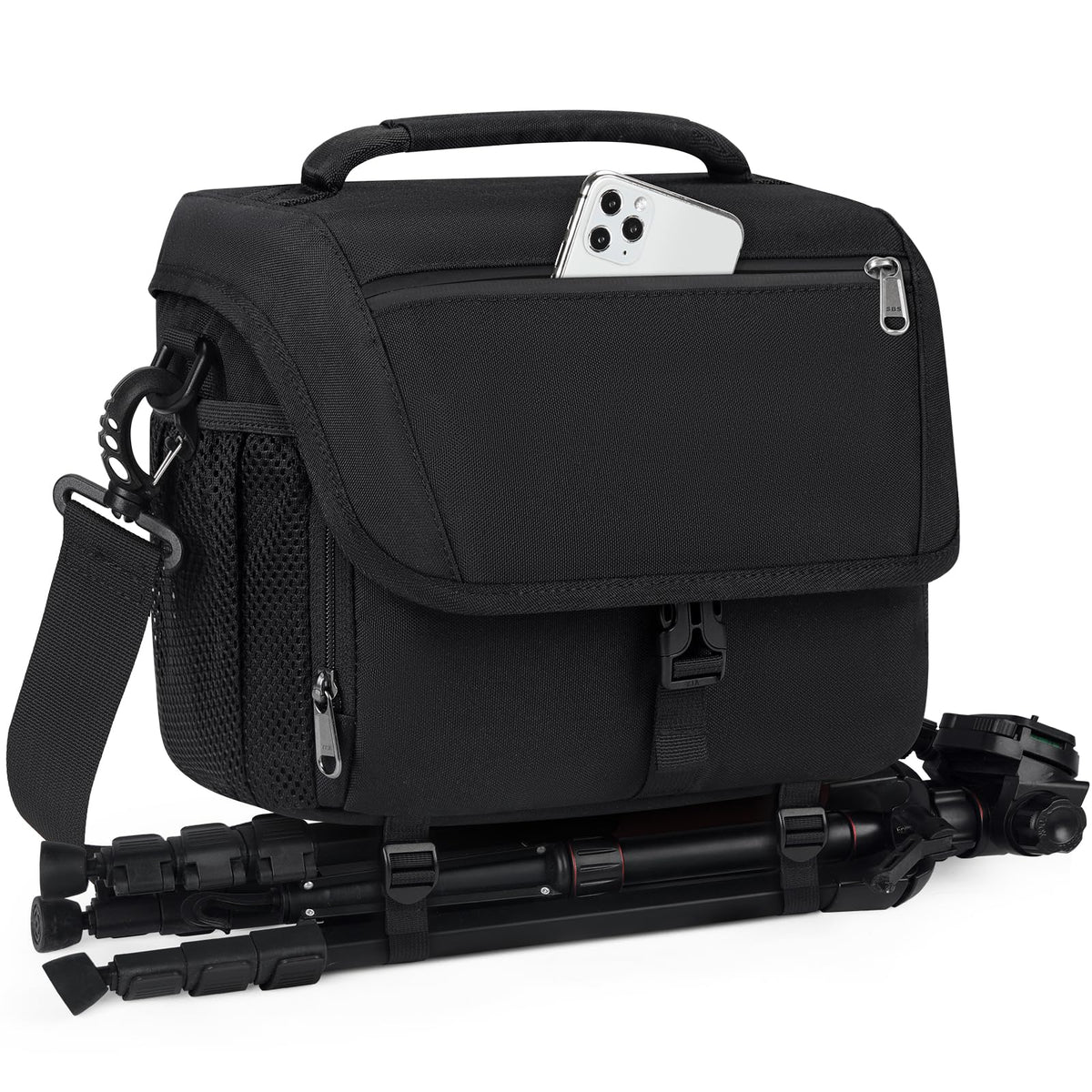 RAINSMORE Camera Bag Professional DSLR/SLR/Mirrorless Camera Case Waterproof Camera Sling Bag Small with Rain Cover&Tripod Holder Black