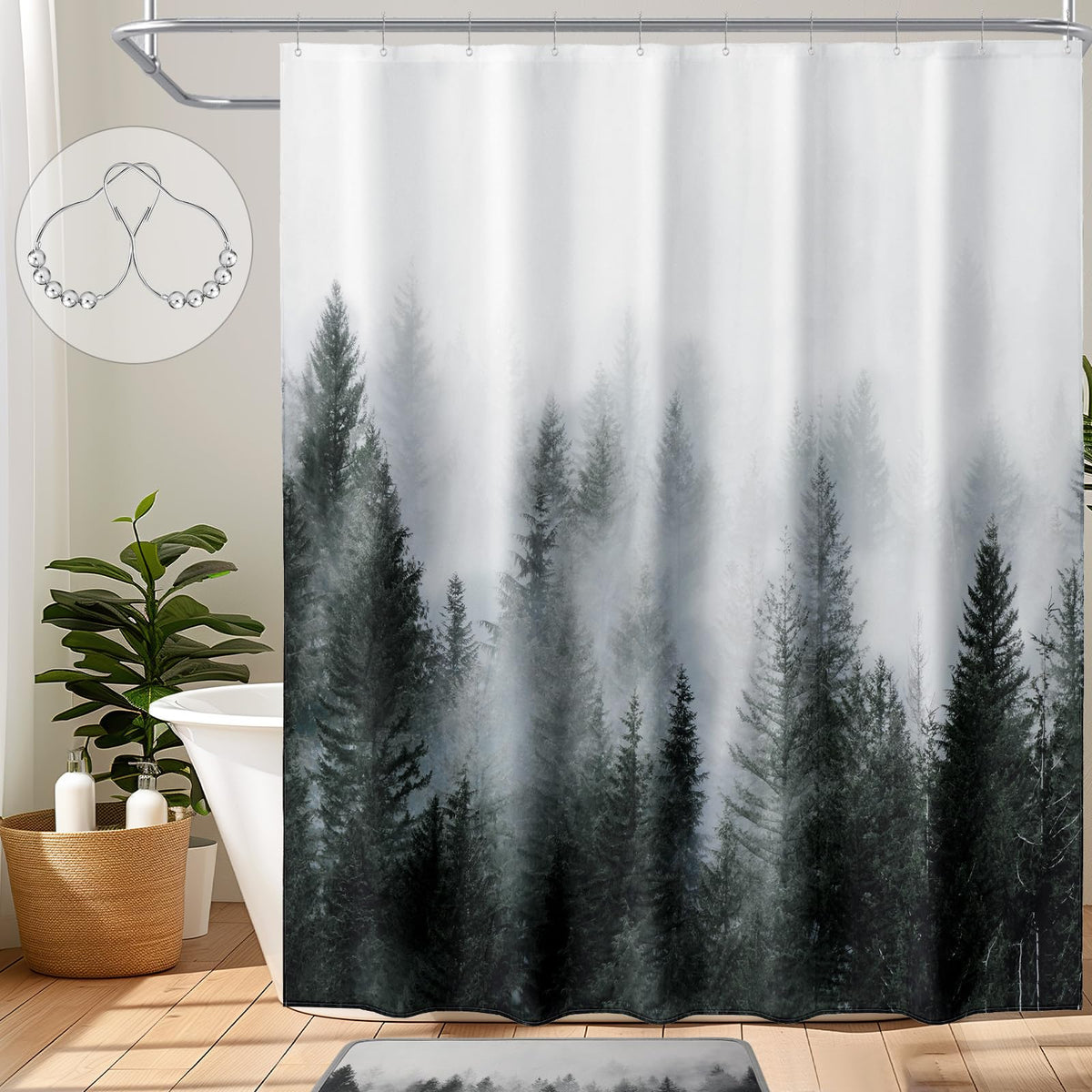 Ortigia Misty Forest Shower Curtains,Nature Shower Curtain,Woodland Shower Curtain,Fantasy Fog Magic Winter Tree Bath Curtain for Bathroom,Waterproof