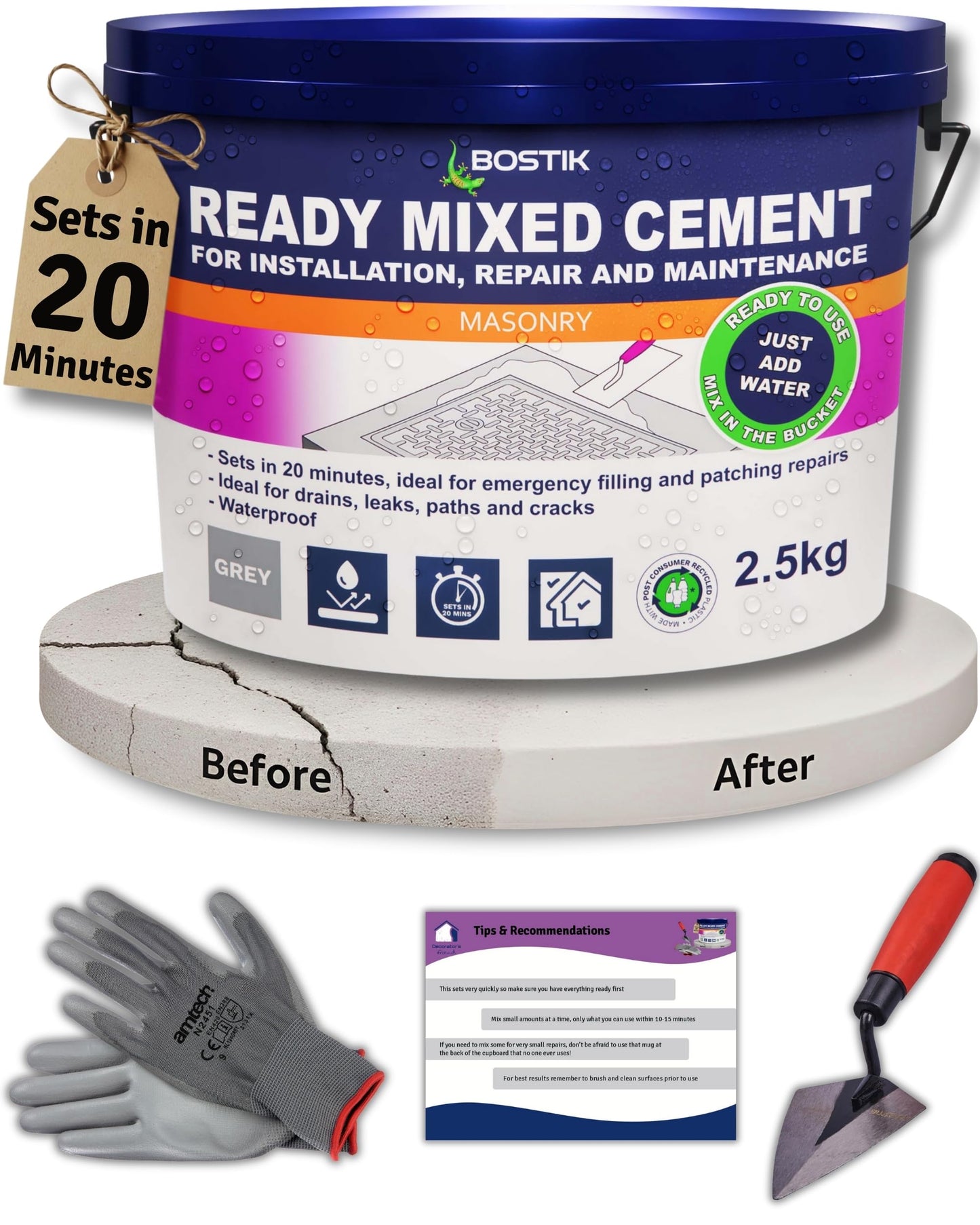 Cement Ready Mixed for Outdoor Use, Waterproof, Quick Dry - Concrete Mix Mortar Repair Kit for Cracks, Holes, Steps & More - 20 Mins Rapid Setting