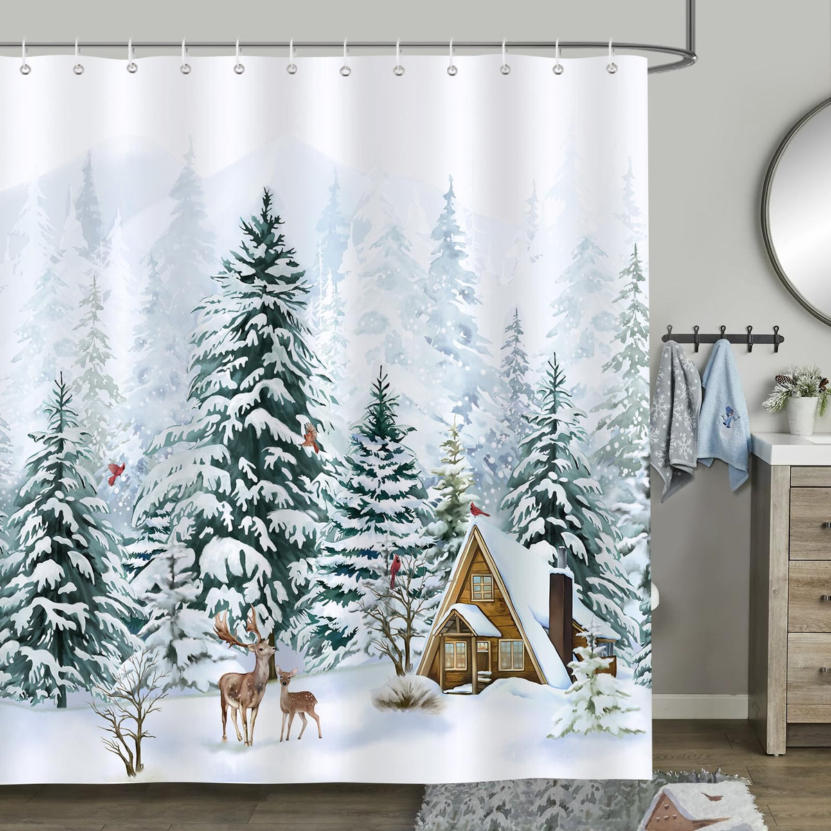 Bonhause Winter Christmas Tree Shower Curtain Forest Deer Pine Tree Snow Scene Bathroom Curtain 180 x 180 cm Waterproof Mildew & Mould Resistant