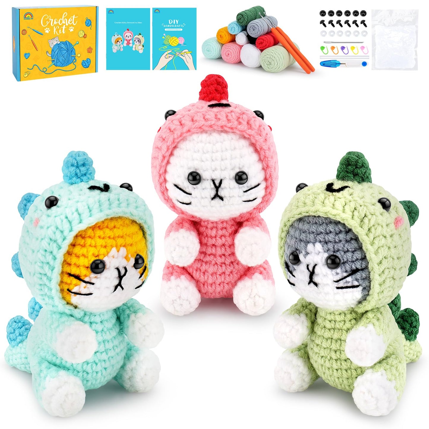 Cat Crochet Kit for Beginners with Video, Stegosaurus Crochet Kit Cosplay Animal Knitting Kit Crocheted Animal Kits Complete Kitten Crochet Starter