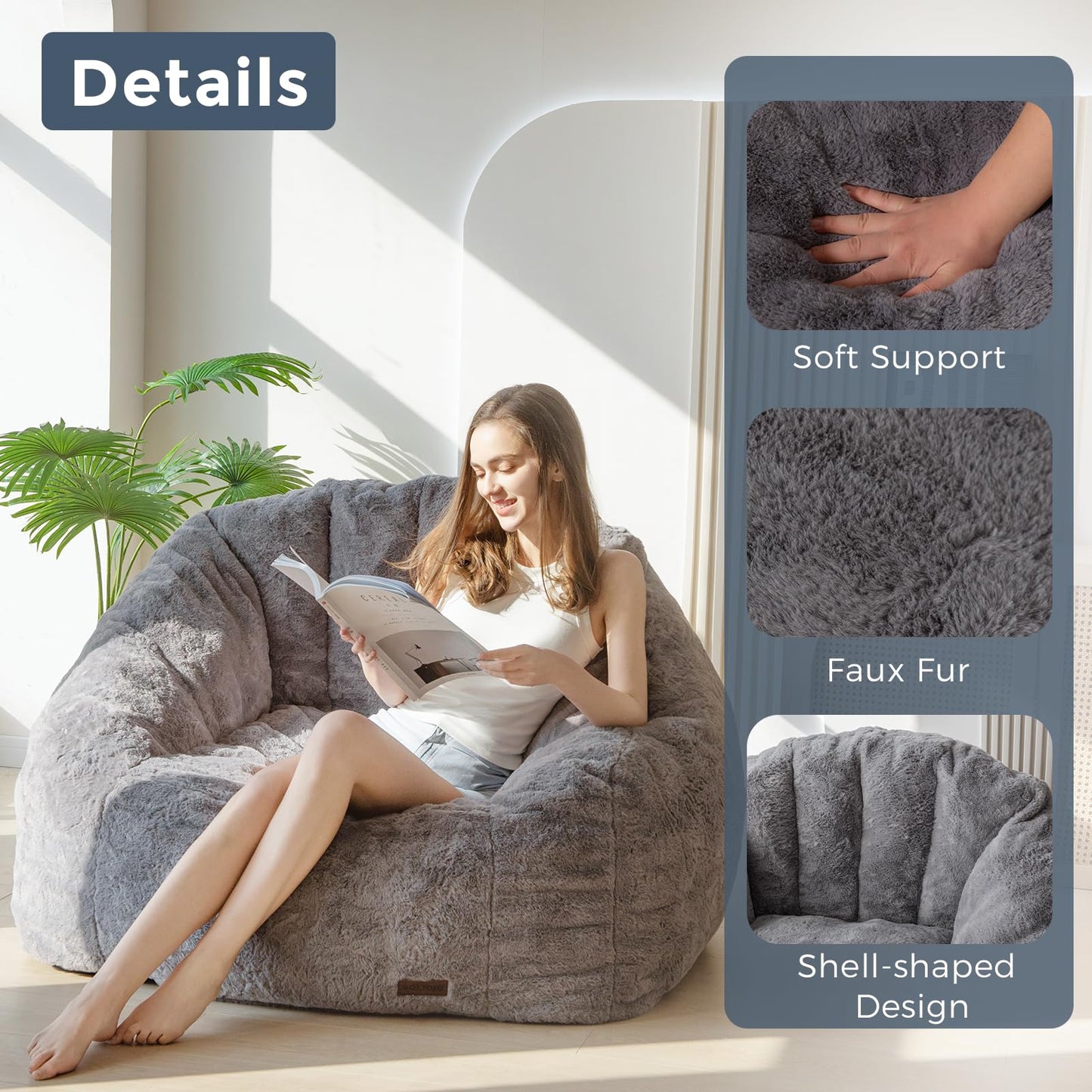 MAXYOYO Giant Bean Bag Chair,Faux Fur Shell Shaped Bean Bag Sofa with Filler,Soft Beanbag Sofa Giant Size for Living Room Bedroom
