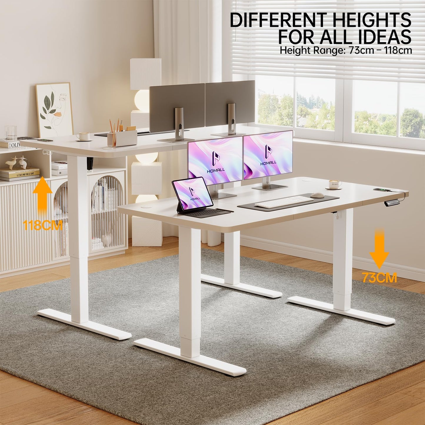 Homall Electric Height Adjustable Desk, Adjustable Height Office Desk with USB Ports, 160x70cm, Home Office with Splice Board, White
