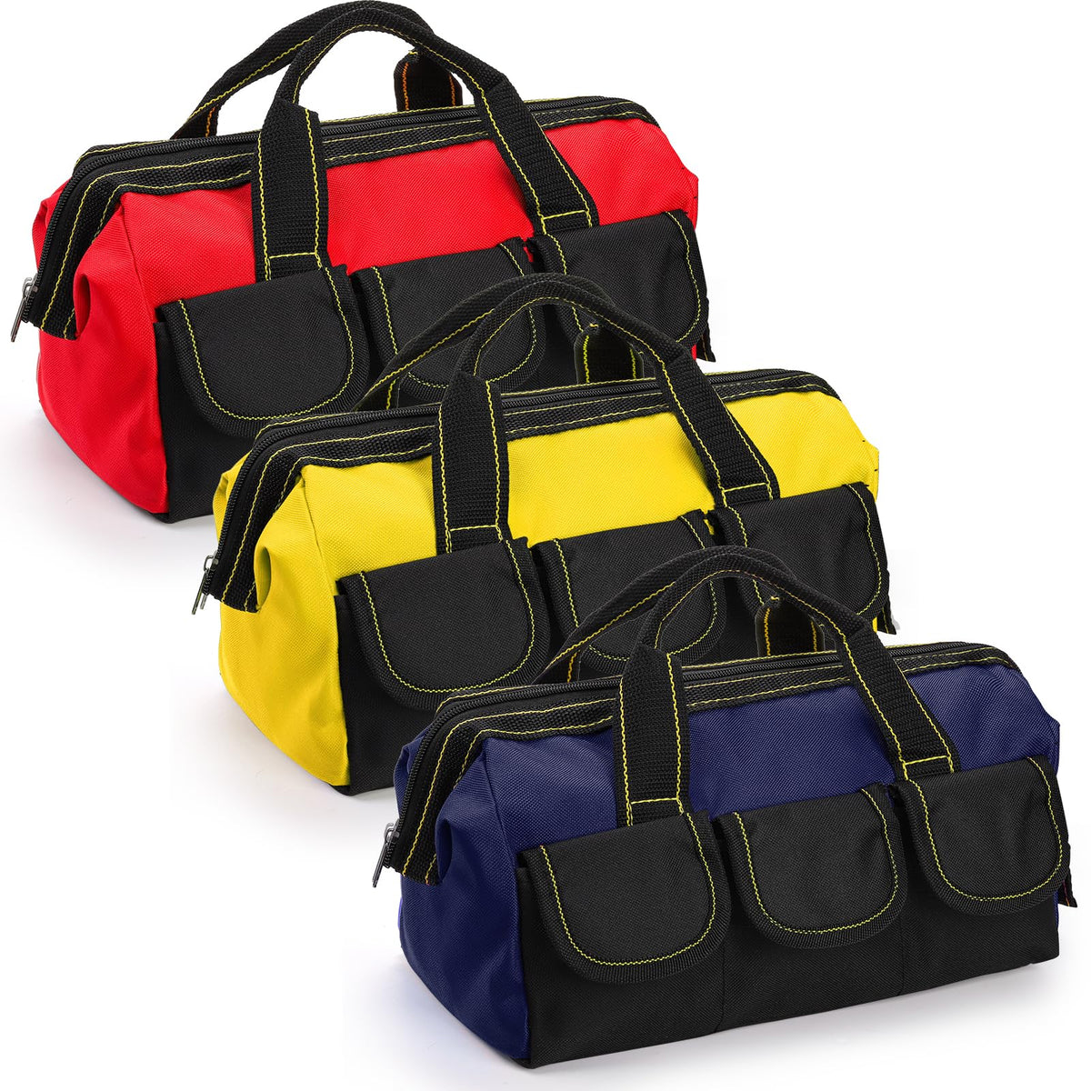 Mezchi 3 Pack 13"/33cm 5 Pockets Tool Bag, Wide Mouth Tool Tote Bags with Waterproof Base, Heavy Duty Tool Storage Bag Organizer for Various Tools,