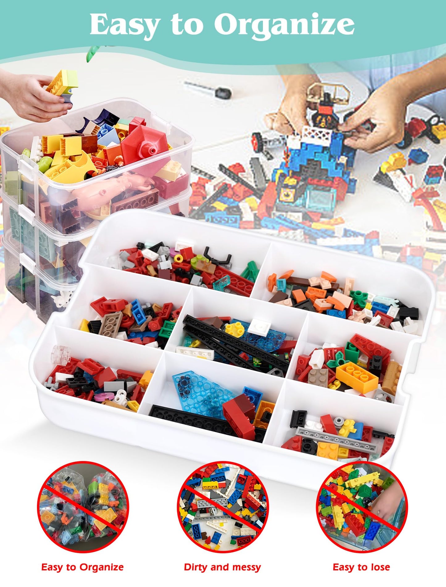 2 Layers Storage Organizer for Lego, Stackable Storage Box with Lids