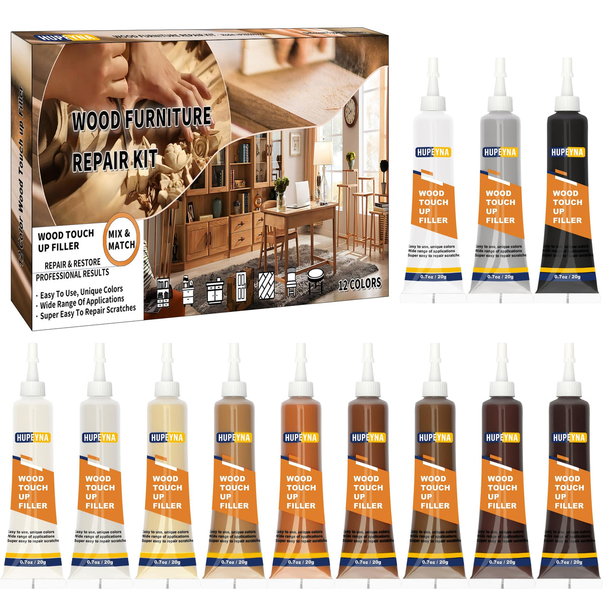 Wood Repair Kit, 12 Colour Wood Fillers, Furniture Repair Kit, Repair Scratch, Cracks, Stains, Discoloration for Wood Furniture, Door, Cabinet, Floor,