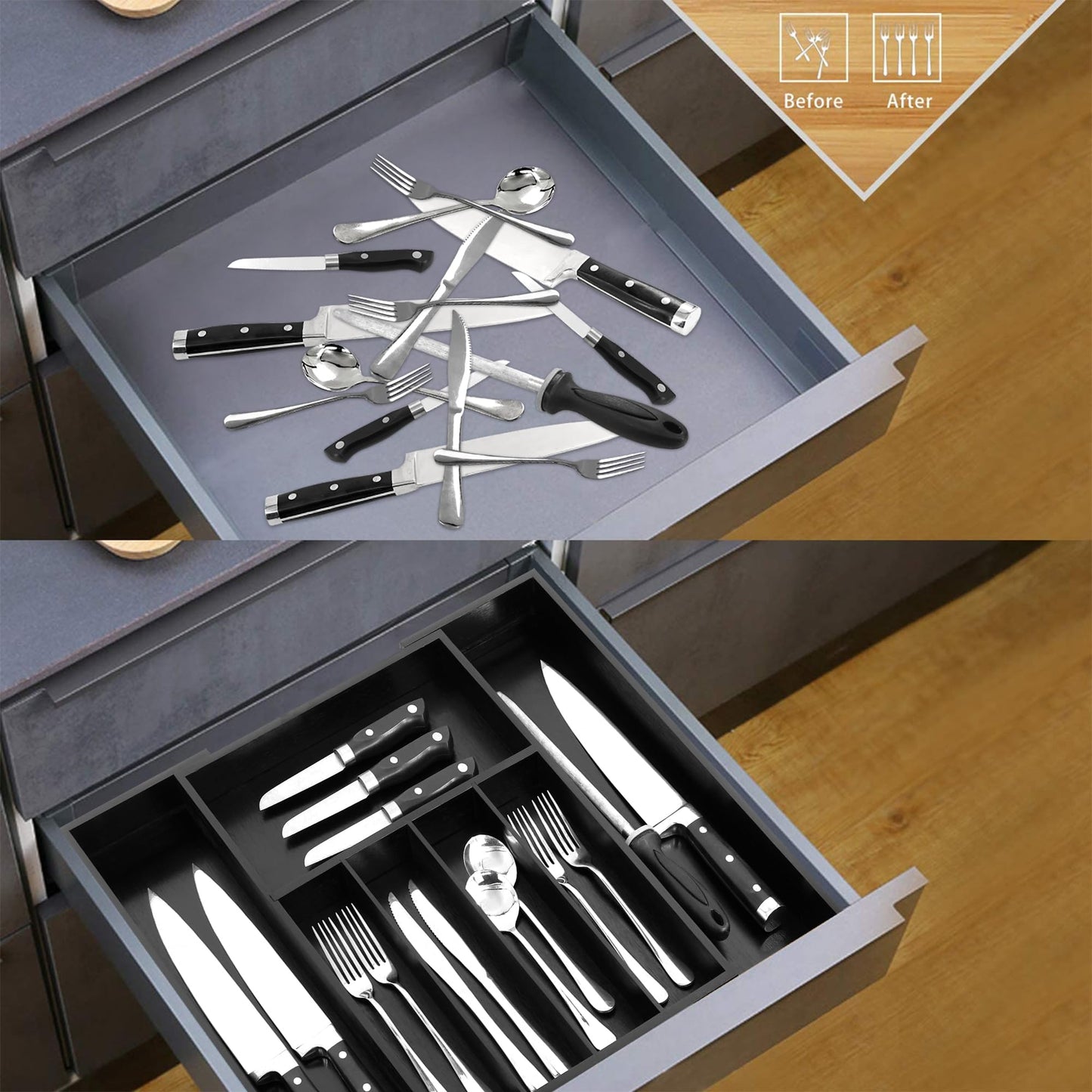 VaeFae Bamboo Drawer Organizer, Expandable Silverware Drawer Dividers and Cutlery Tray for Kitchen Utensils and Flatware (Black)