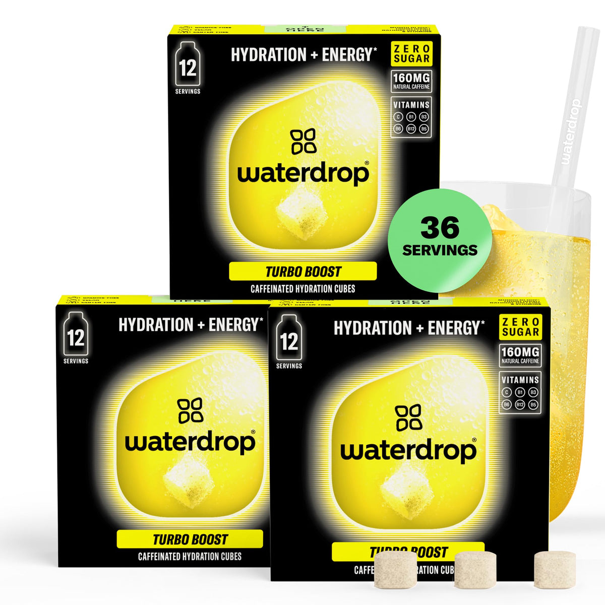 waterdrop? Microenergy Turbo Boost Set - Energy Drink, 36 Water Flavouring Hydration Cubes, Mixed Fruit Flavour, Sugar Free, Low Calorie Fizzy Drinks,