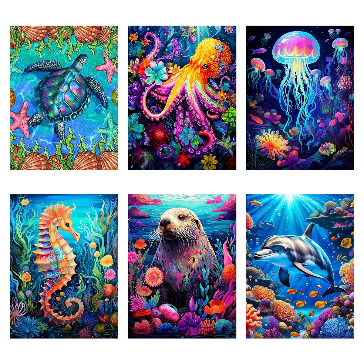 Mrnsiet 6 Pack Ocean Creatures Diamond Painting Kits for Adults Beginner,Sea Animals Round Drill Diamond Art Kits for Adults,Easy Marine Animals Gem