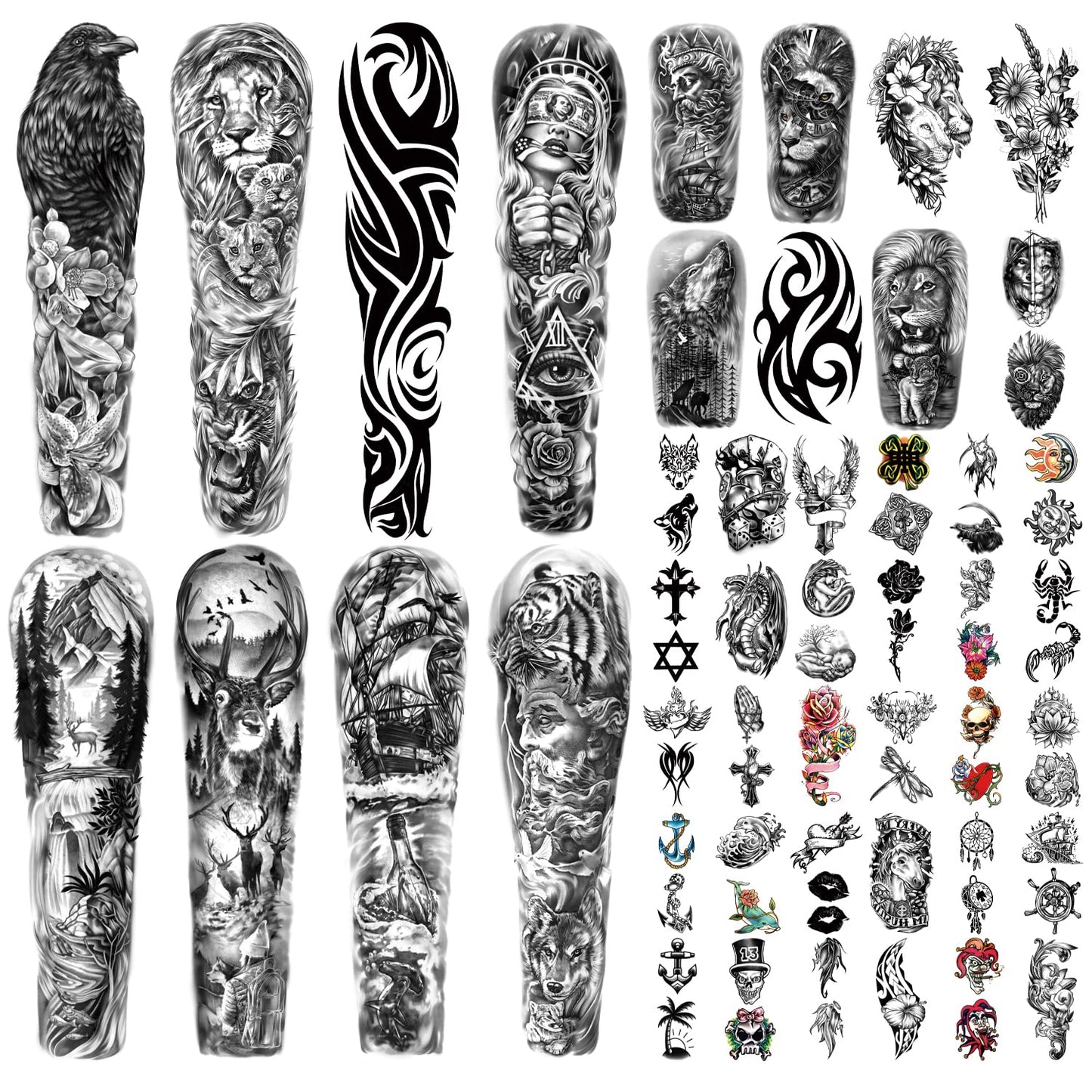 Full Arm Temporary Tattoo 46 Sheets for Men And Women(L22.8?xW7?), Fake Tattoo Stickers Patterns Deer Eagle Lion Wolf Tiger Totem Realistic Temp