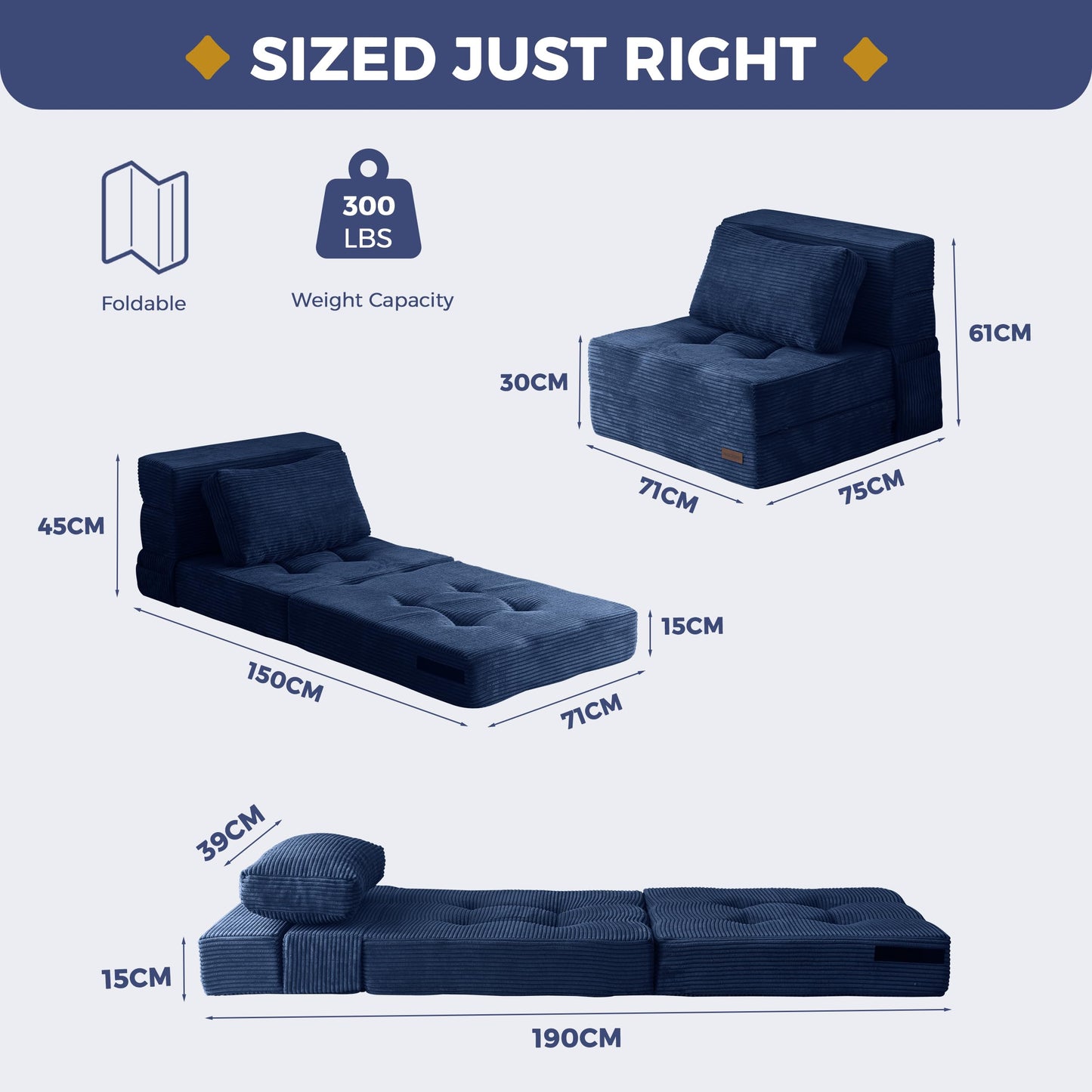 MAXYOYO Folding Foam Sofa Bed, Tri-Fold Mattress with 1 Pillow, Convertible Sofa Chair Futon Z Bed with 15cm Thincken Foam