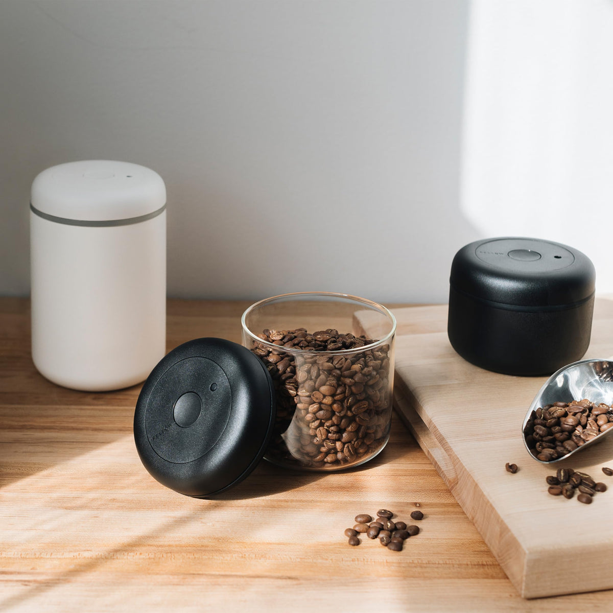Fellow Atmos Vacuum Canister for Coffee & Food Storage - Airtight Sealed Container, Matte White, Small Coffee Bean Storage, 0.4 Litre Jar
