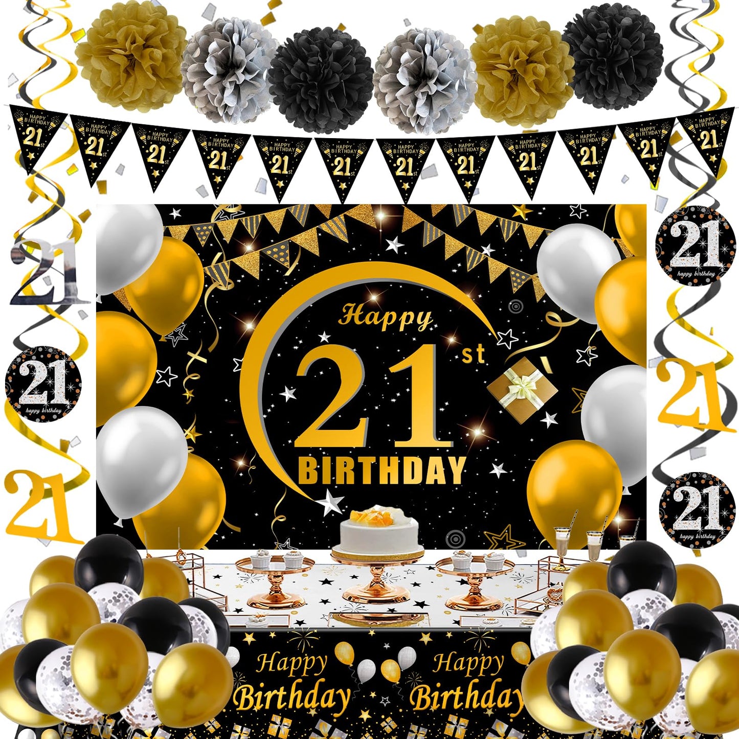 21st Birthday Decorations for Him Her, 21st Birthday Banner Backdrop Balloons Black and Gold, Happy 21st Bday Decorations for Men Banners Tablecover