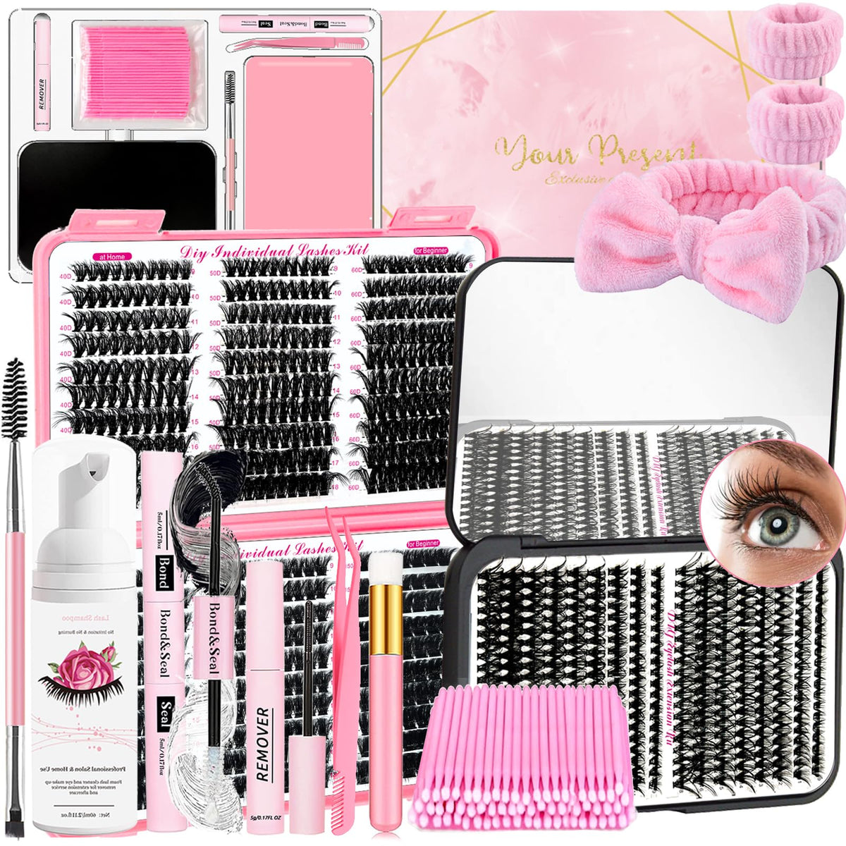 QUKLOGEN DIY Fluffy Lash Extension Kit 900Pcs D Curl 9-18mm Lash with Lash Bond and Seal,Quick Glue Remover Lash Shampoo Cleansing Brush Headband