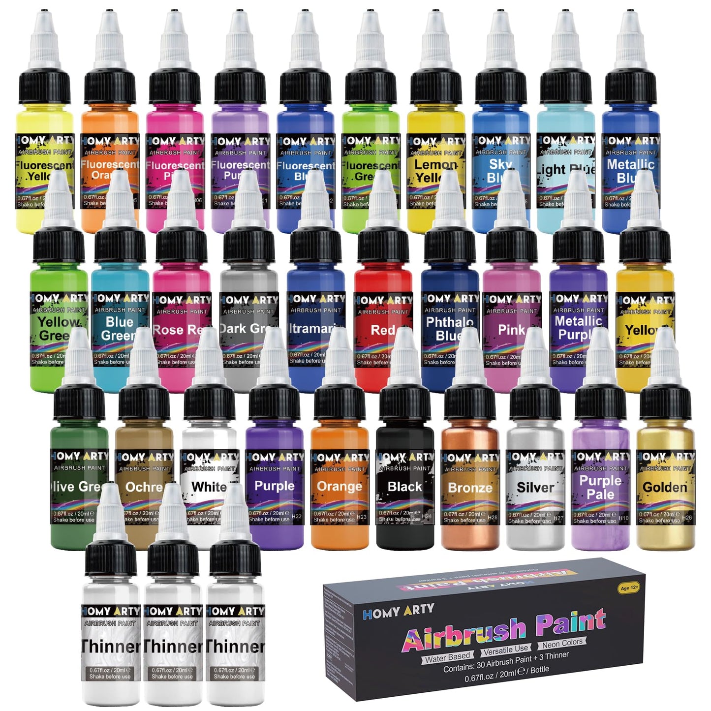 HOMY ARTY Airbrush Paint - 30 Colors with 3 Thinner, Water-Based Airbrush Paint Set, Ready to Spray Acrylic Air Brush Paints for Metal, Plastic