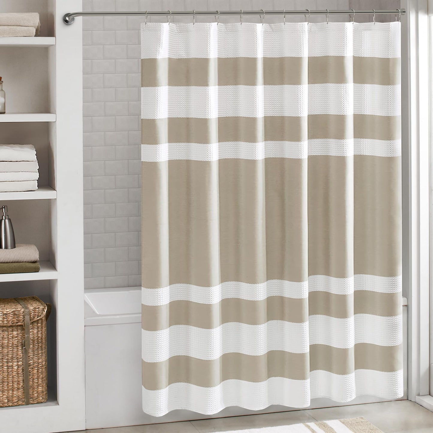 Madison Park Shower Curtain Waffle Weave Striped Pieced Design Fabric Shower Curtain for Bathroom with 3M Scotchgard Moisture Management Premium Spa