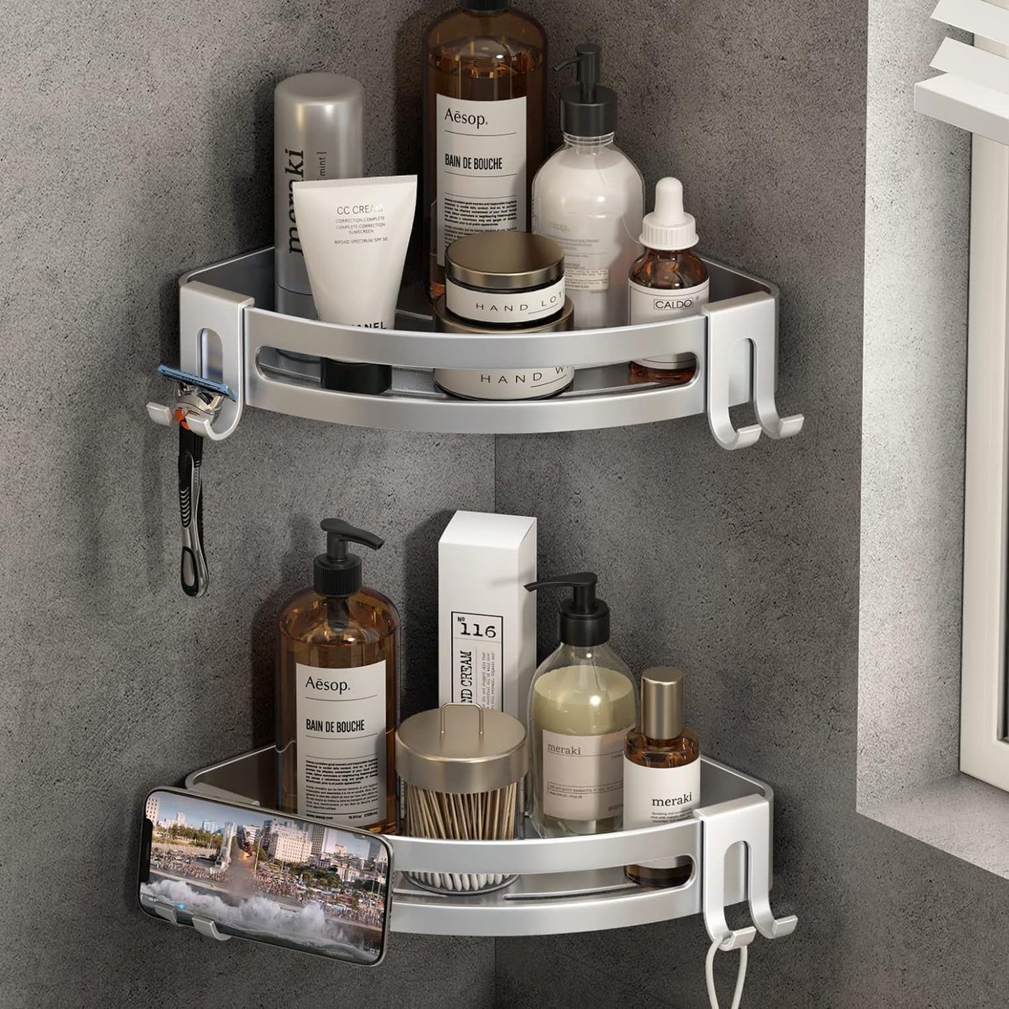Voldra Corner Shower Caddy No Drilling, Shower Shelf Coner Adhesive Bathroom Corner Shelves with 4 Razor Hook No Drill Bathroom Organiser Storage Wall