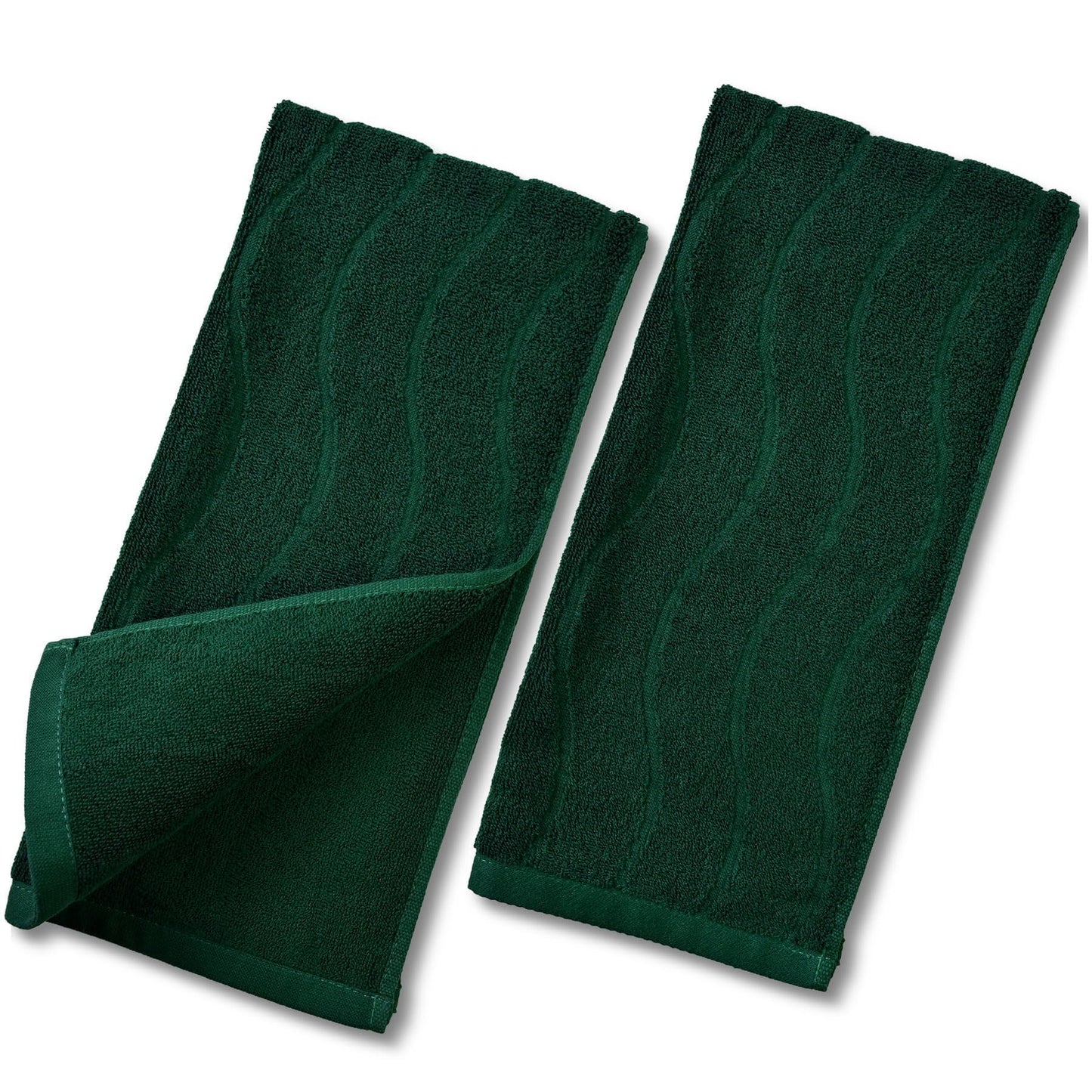 Jacquotha 2-Piece Hand Towels Set in Forest Green, Wavy Striped Jacquard Towels for Bathroom Kitchen Gifts (13x29 Inches, 100% Cotton)
