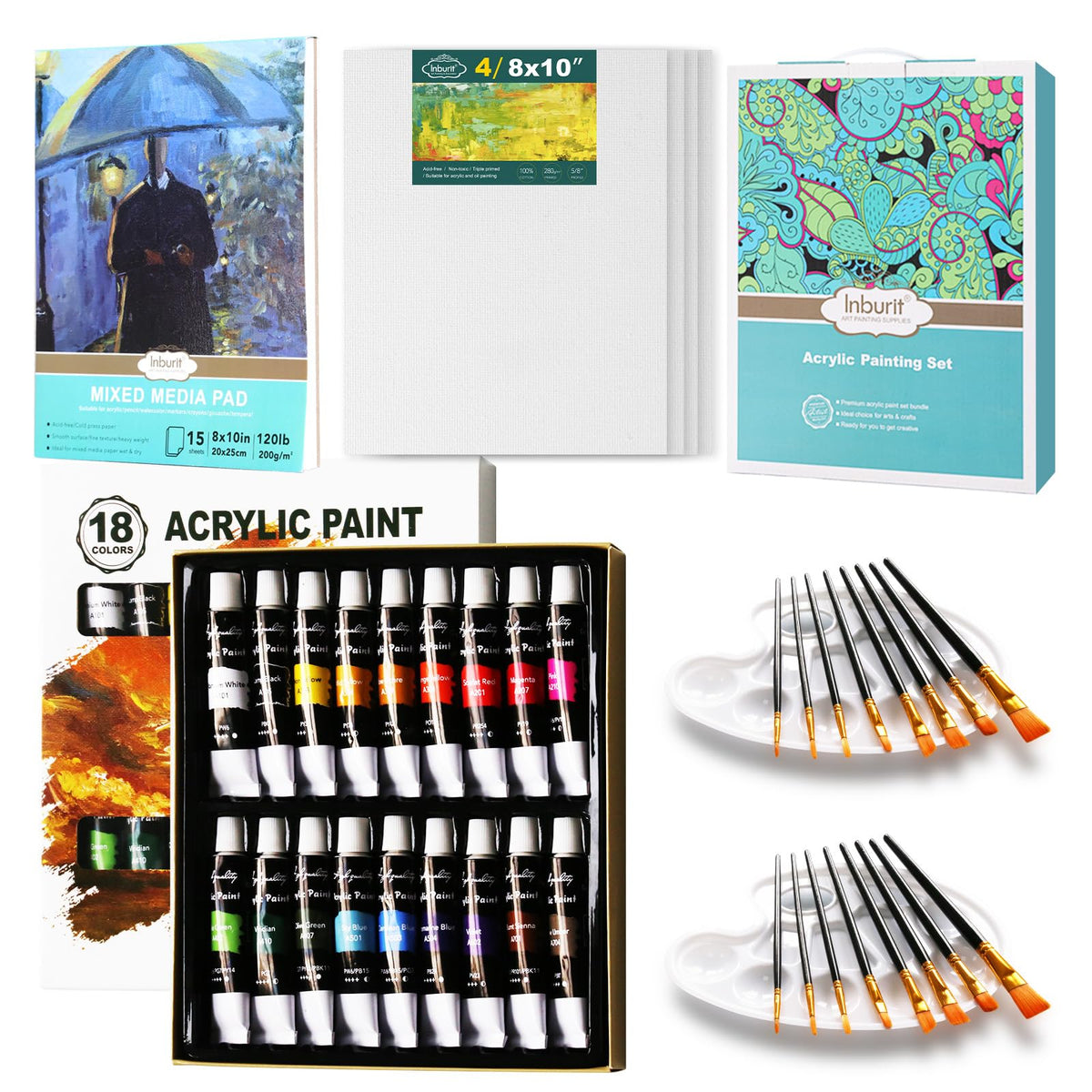 Inburit Acrylic Paint Set for Adults Art Painting Kit with 18 Color Acrylic Paints Blank Canvas Paint Brushes Palette, Best Gift for Birthday