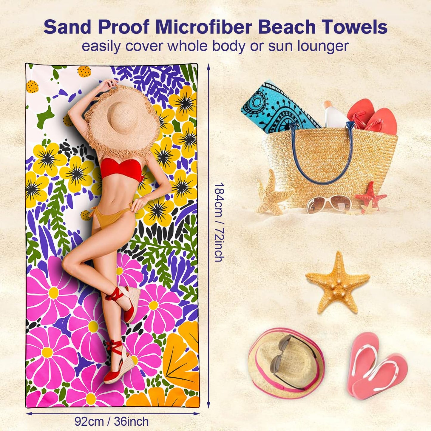 Violetpos Bold Floral Patchwork Beach Towel, Extra Large 180x90 cm 250GSM Microfibre, Sand Free Quick Dry