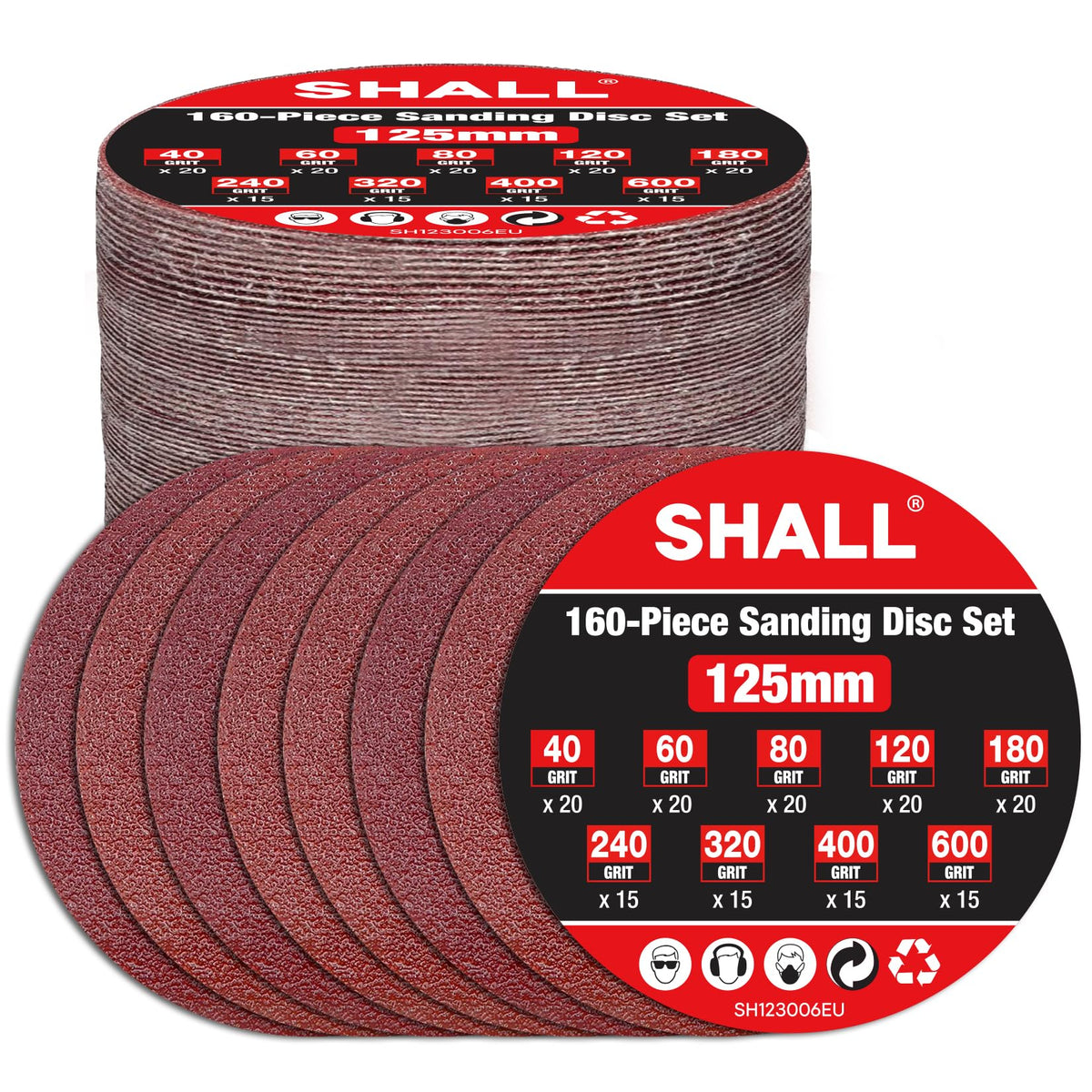 SHALL 160pcs 125mm Sanding Discs, (Hook and Loop 40/60/80/120/180/240/320/400/600 Mixed Grit), 8 Hole 5 Inch Round Sanding Discs Pads,for Orbit