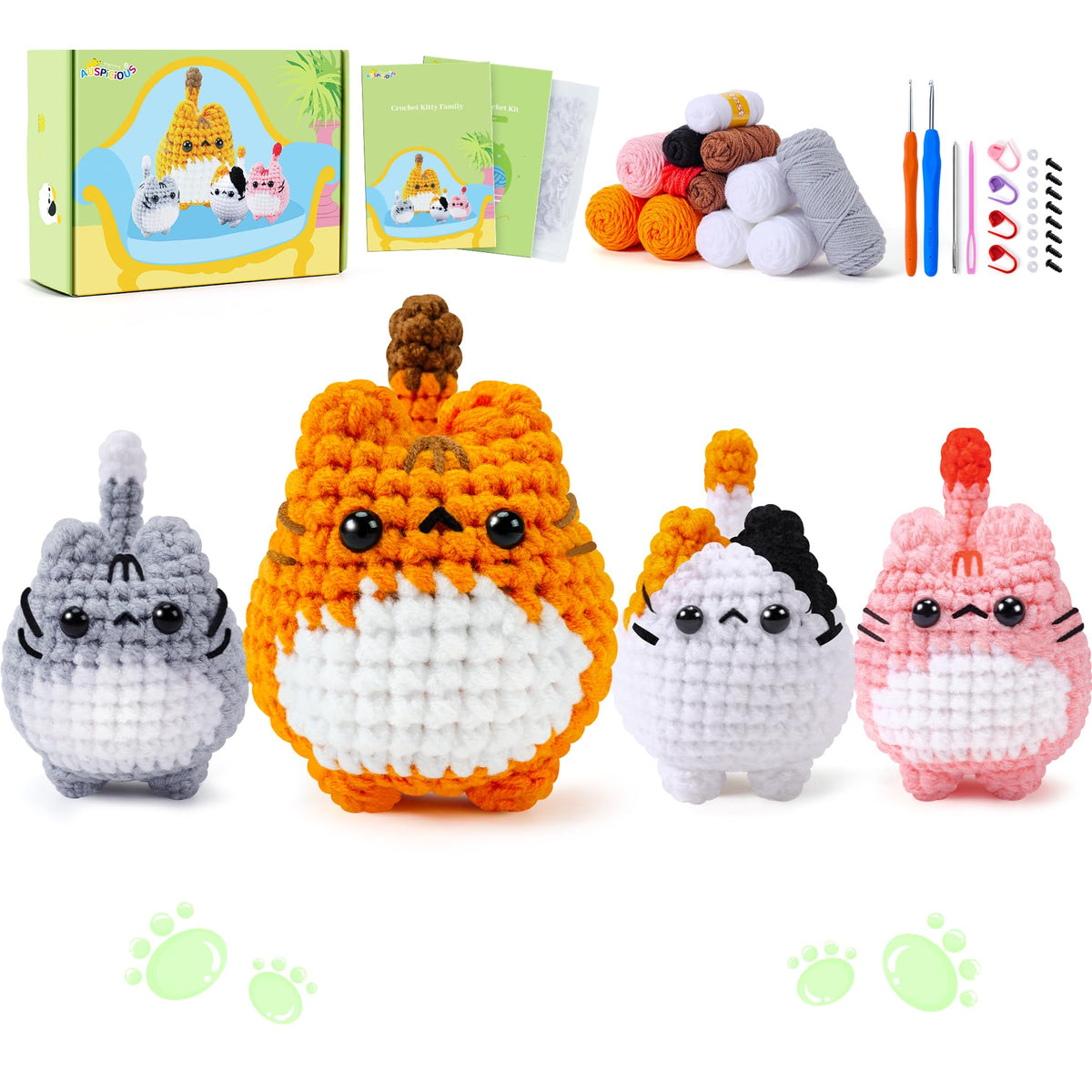 Crochet Kit for Beginners Animal Cat Crochet Kit for Adults Kids, Knitting Kits Complete Crochet Set with Step-by-Step Video Tutorials, 4pcs Cat