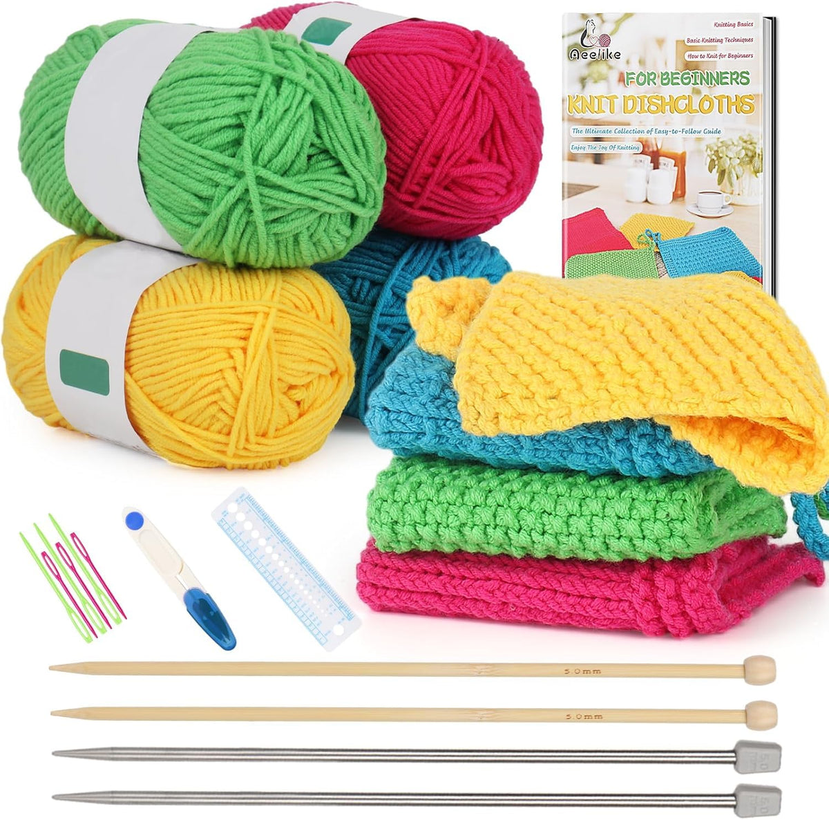 Aelike Knitting Kit for Beginners, Dishcloth Knitting Kit, Knitting Set with 25cm Metal & Bamboo Needles, Instructions and Yarn, Knitting Starter Kit
