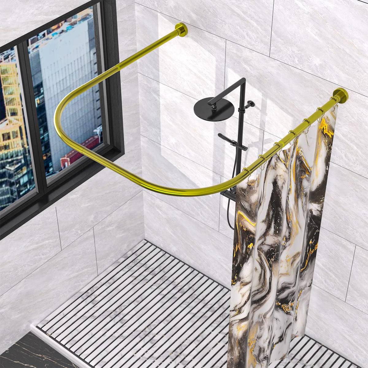 Sikaiqi 304 Stainless U Shaped Bathroom Bathtub Corner Shower Curtain Rod Rack, Size Adjustable (U Shaped Gold, Length on both sides:80-120 cm,Middle