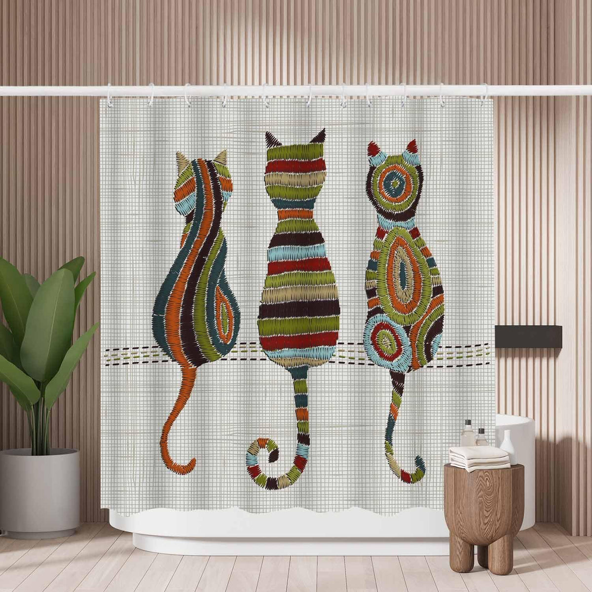 Woutay Shower Curtain Mould Proof Resistant Folk Embroidery Cats,Water Repellant Fabric,Polyester,Size 180x180CM