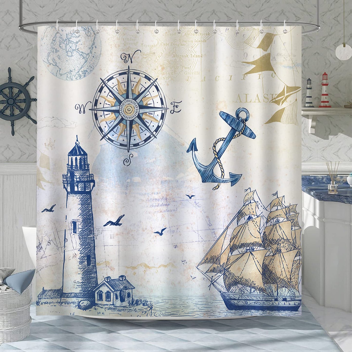 Bonhause Nautical Sailboat Shower Curtain 180 x 180 cm Lighthouse Compass Anchor Bathroom Curtains Waterproof Mildew & Mould Resistant Polyester