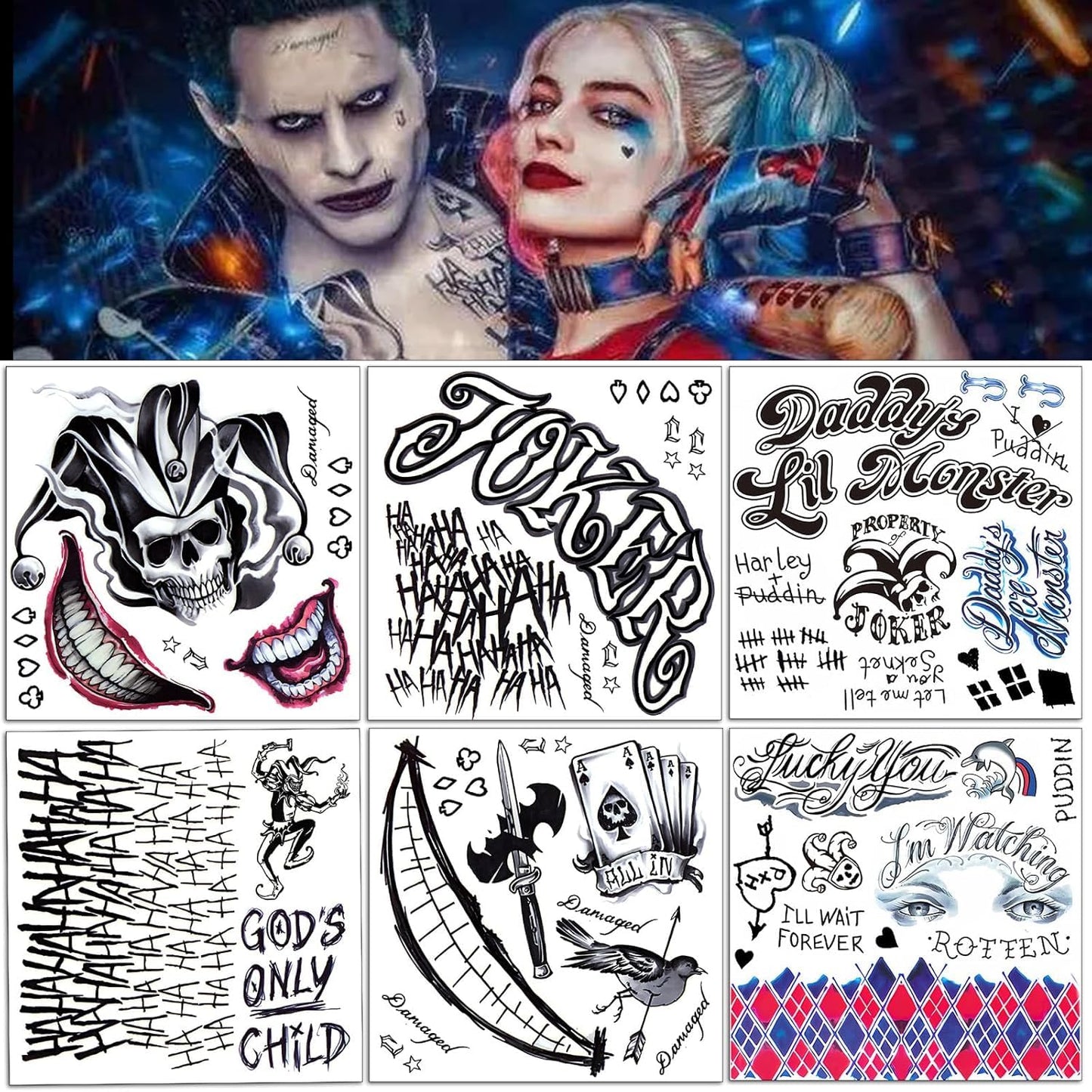 Joker and HQ Tattoos Temporary - 16 Sheets Halloween Temporary Tattoos for Suicide Squad Costume Joker Smile Hand Mouth Damaged Fake Tattoo Stickers