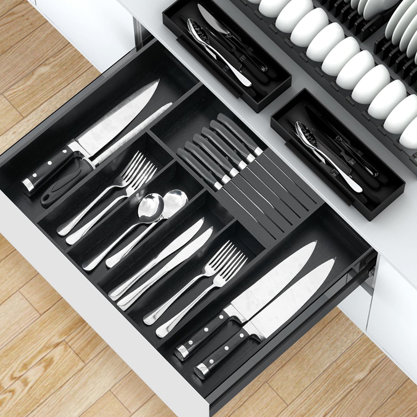 VaeFae Bamboo Silverware Drawer Organizer Kitchen, Expandable Utensil Holder and Cutlery Tray with Divider | 13"-21.6" Flatware Storage (Black)