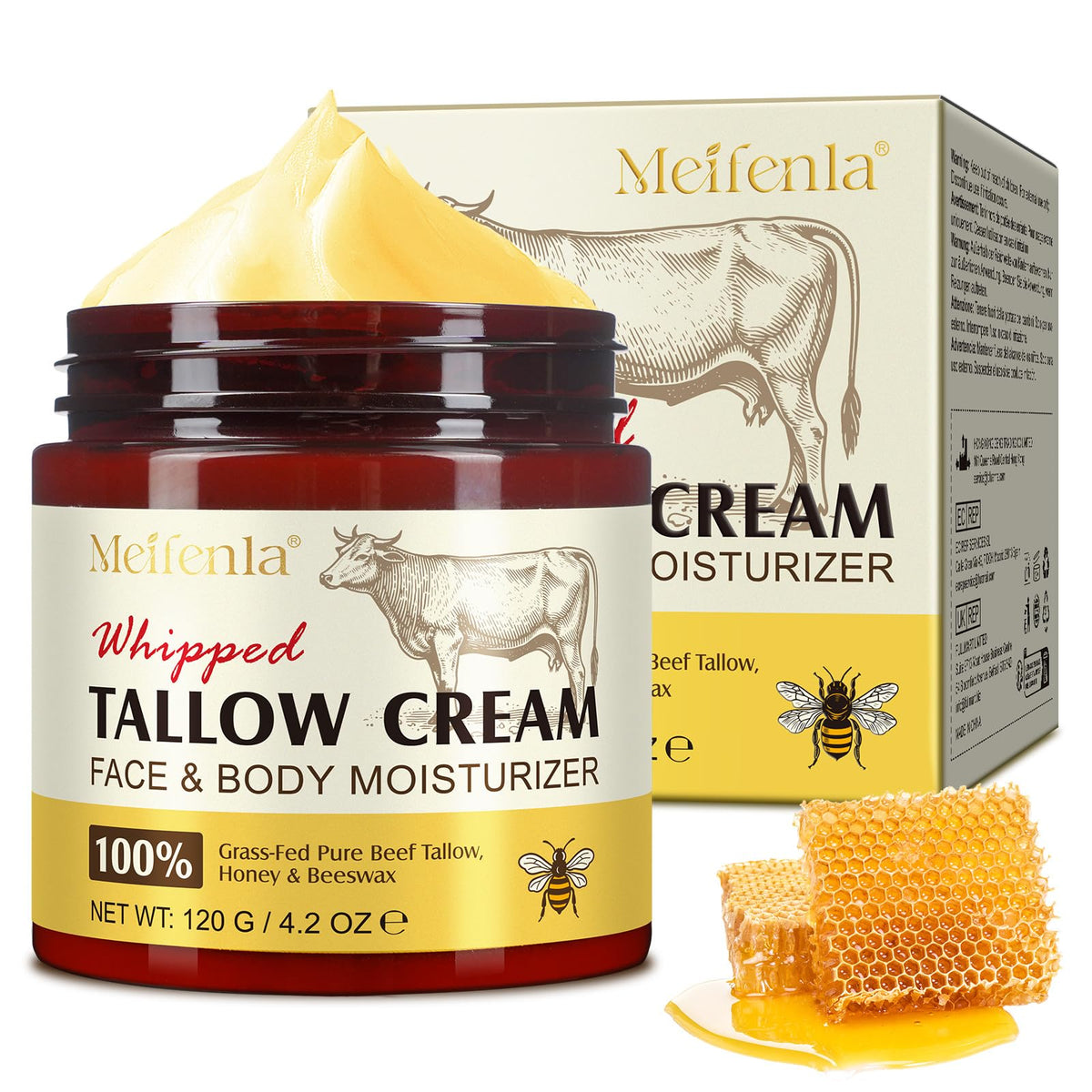 Beef Tallow Skin Care, Beef Tallow and Honey Cream 120g, Beef Tallow Moisturizer, Natural Organic Grass - Fed Whipped Beef Tallow and Honey Balm -