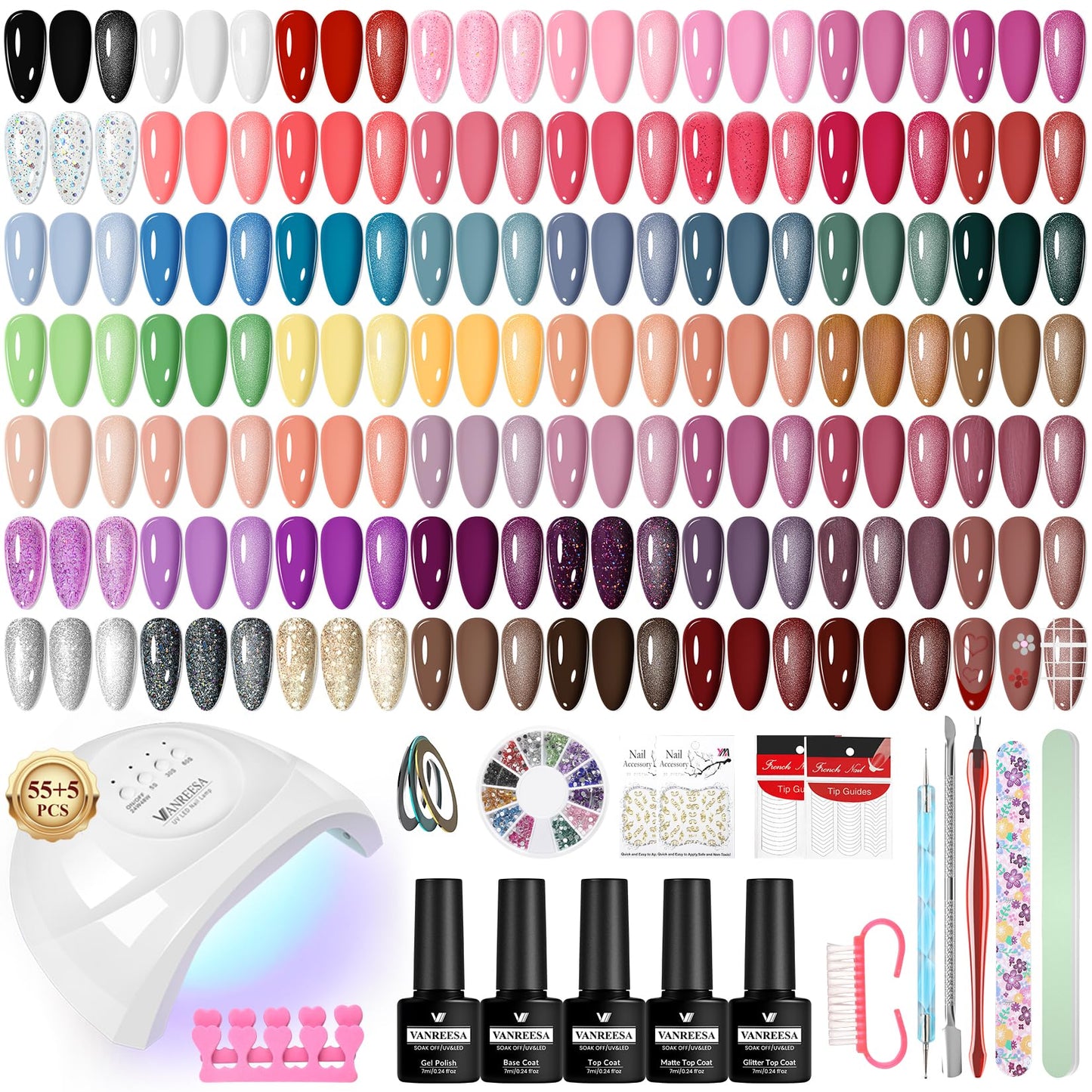 VANREESA Gel Nail Polish Set with U V Lamp, 55 Colours Gel Nail Kit Pink Red Brown Purple U V Gels Polish Nails Kit with Base and Top Coat Manicure