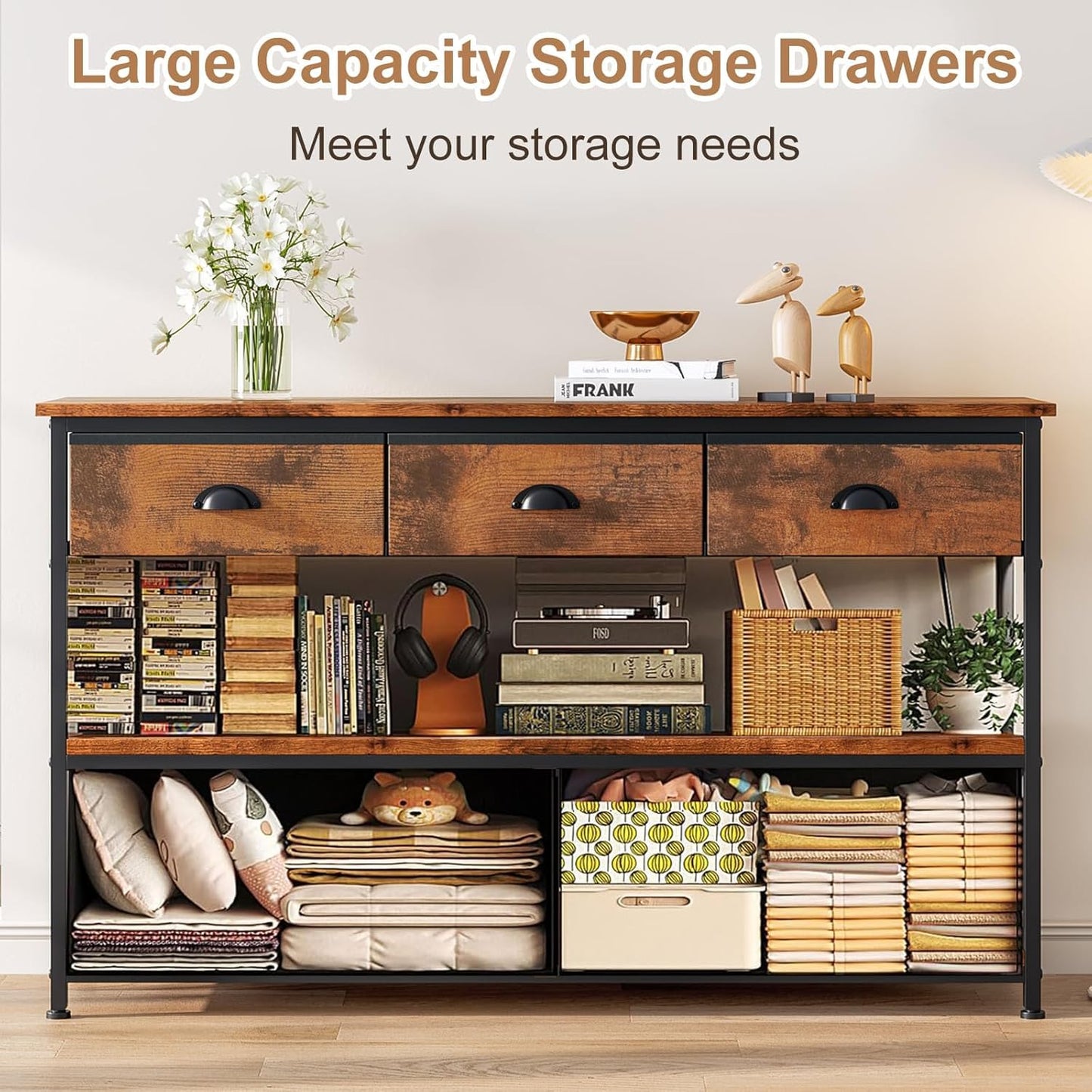 Console Table with 3 Drawers & Open Shelves,TV Stand for TVs Up to 55"
