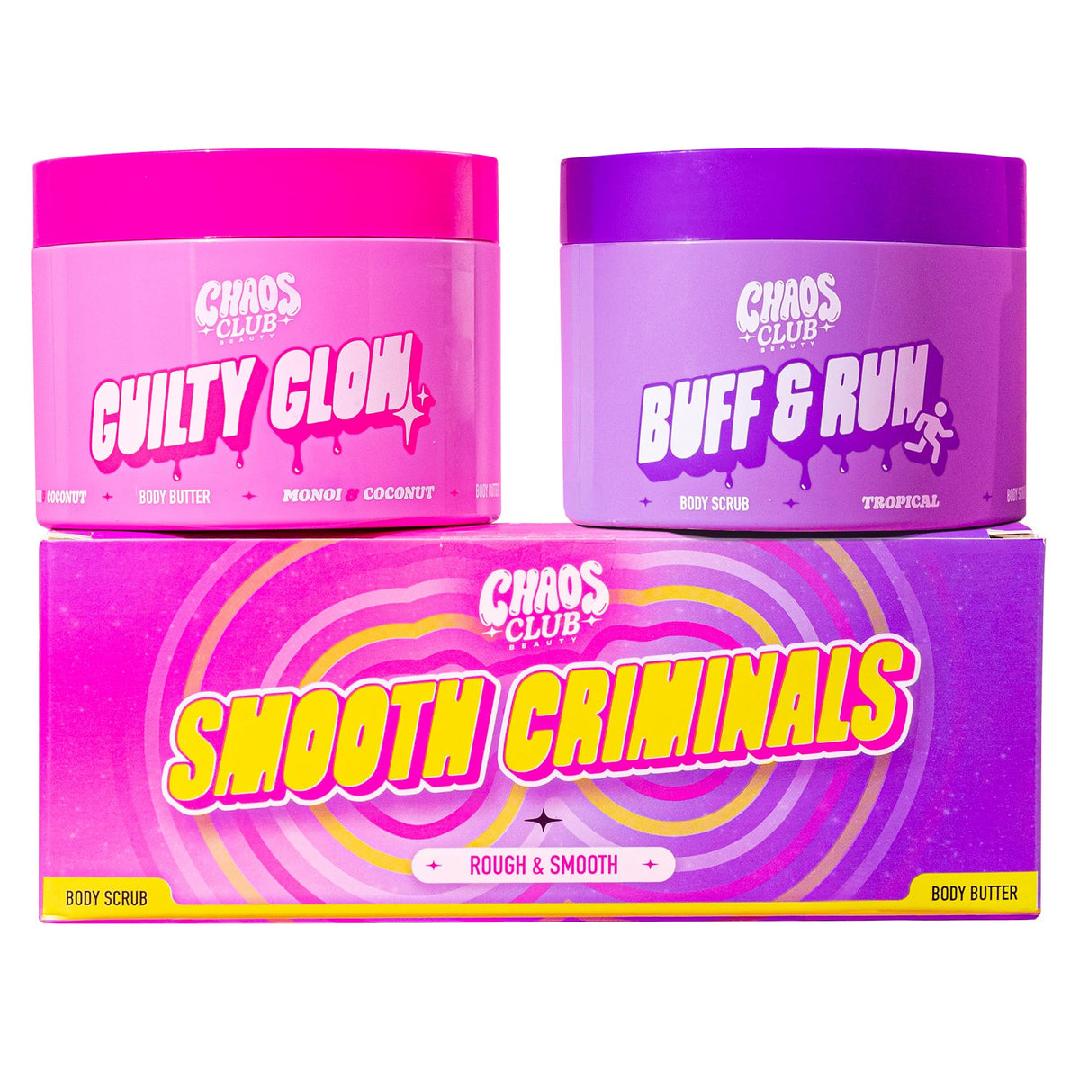 CHAOS CLUB BEAUTY Smooth Criminals Body Scrub & Body Butter Duo ? Buff with Monoi & Coconut, Butter Up with Tropical Vibes ? Vegan & Cruelty Free -