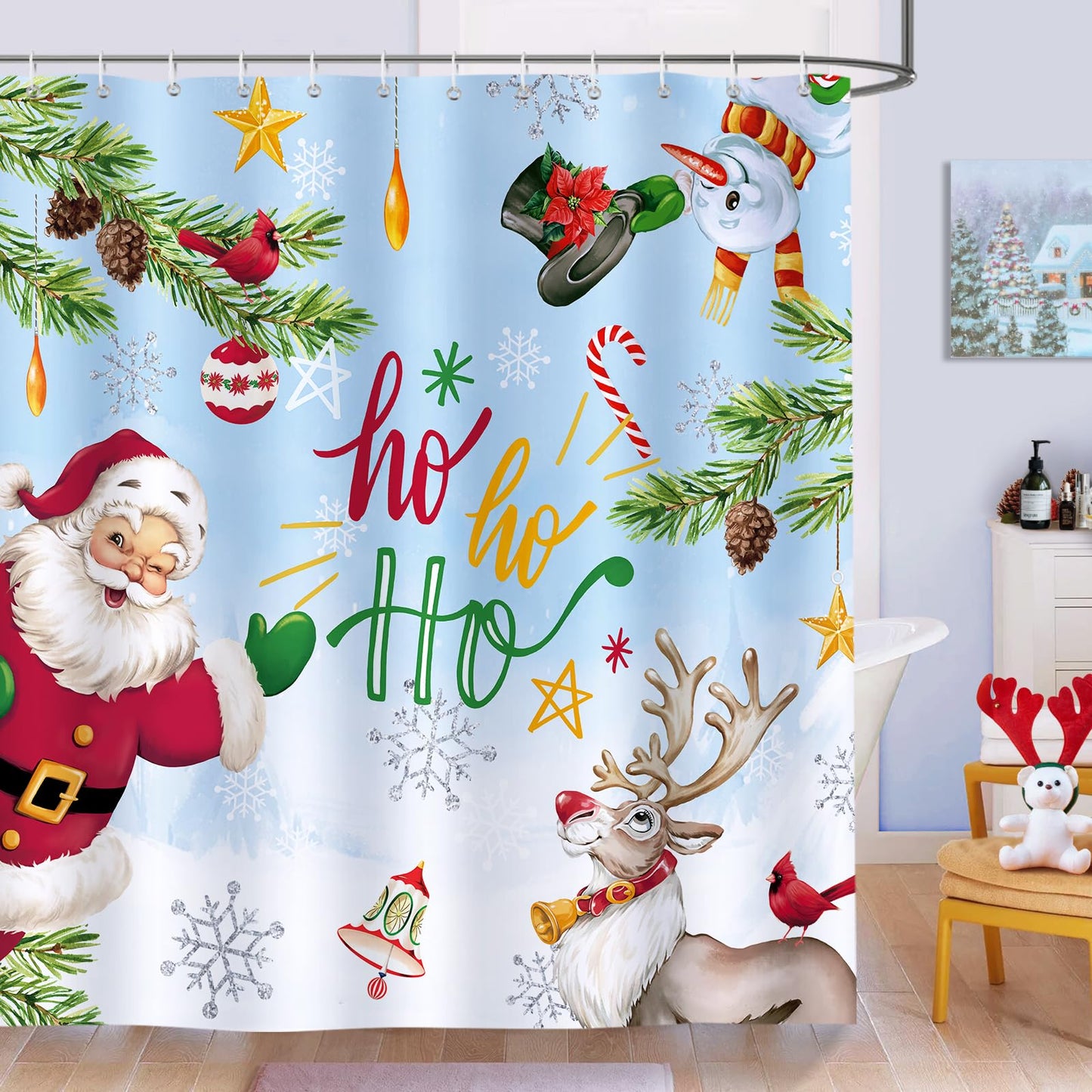 Bonhause Christmas Shower Curtain 180 x 180 cm Reindeer Santa Claus Hoho Bathroom Curtain Waterproof Mildew & Mould Resistant Polyester Fabric Bath