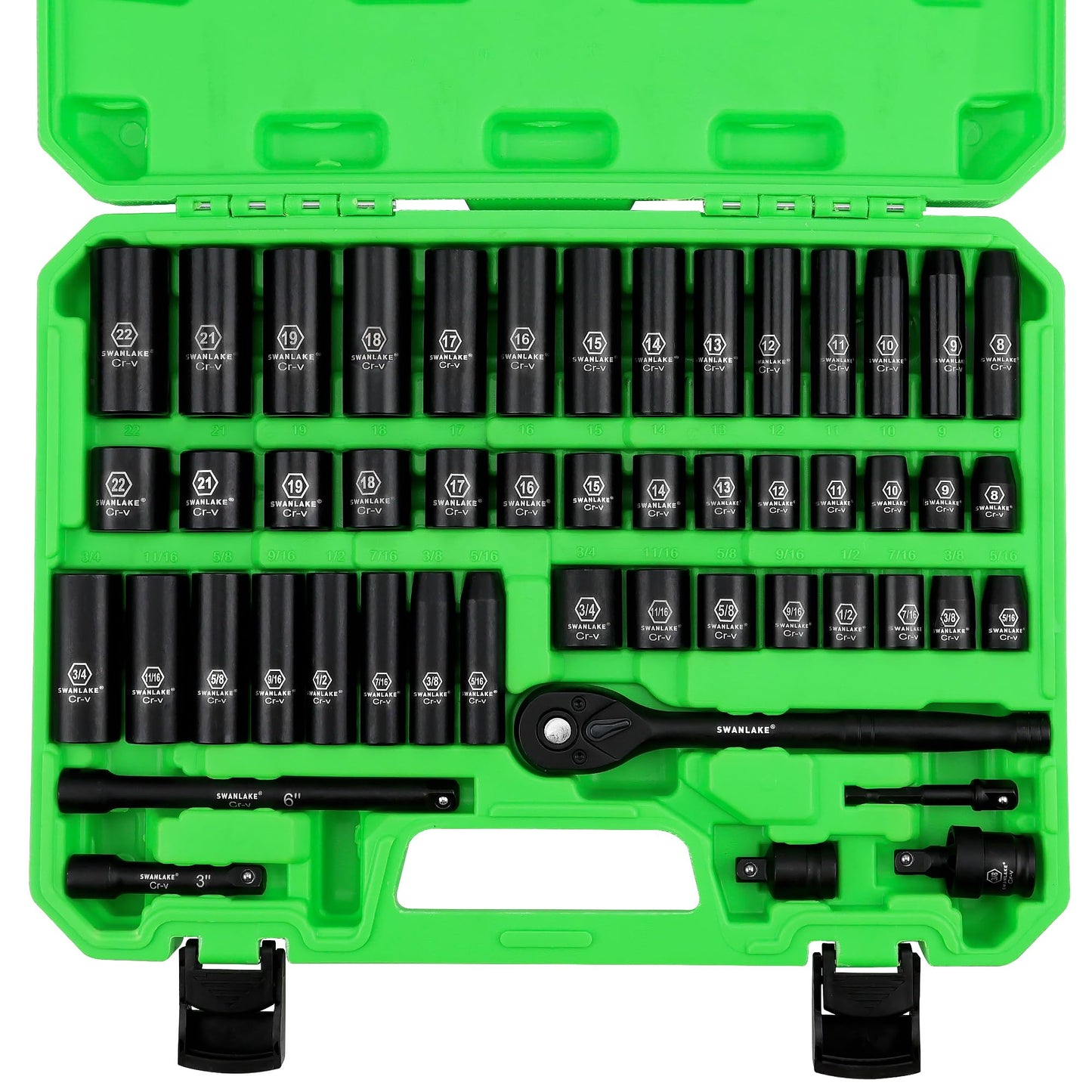 SWANLAKE 3/8" Drive Impact Socket Set, 50-Piece Standard SAE (5/16 to 3/4 inch) and Metric (8-22mm) Size, 6 Point, Cr-V, 3/8-Inch Ratchet Handle,