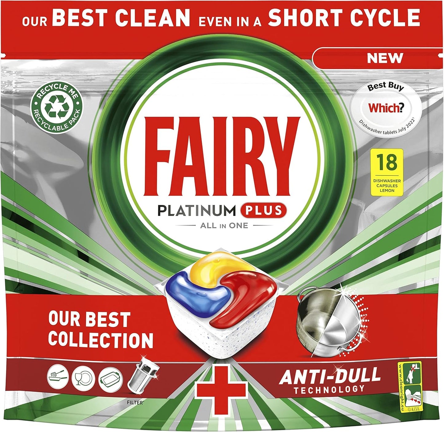 Fairy Platinum Plus All in One Dishwasher Tablets, Lemon, 18 Tablets