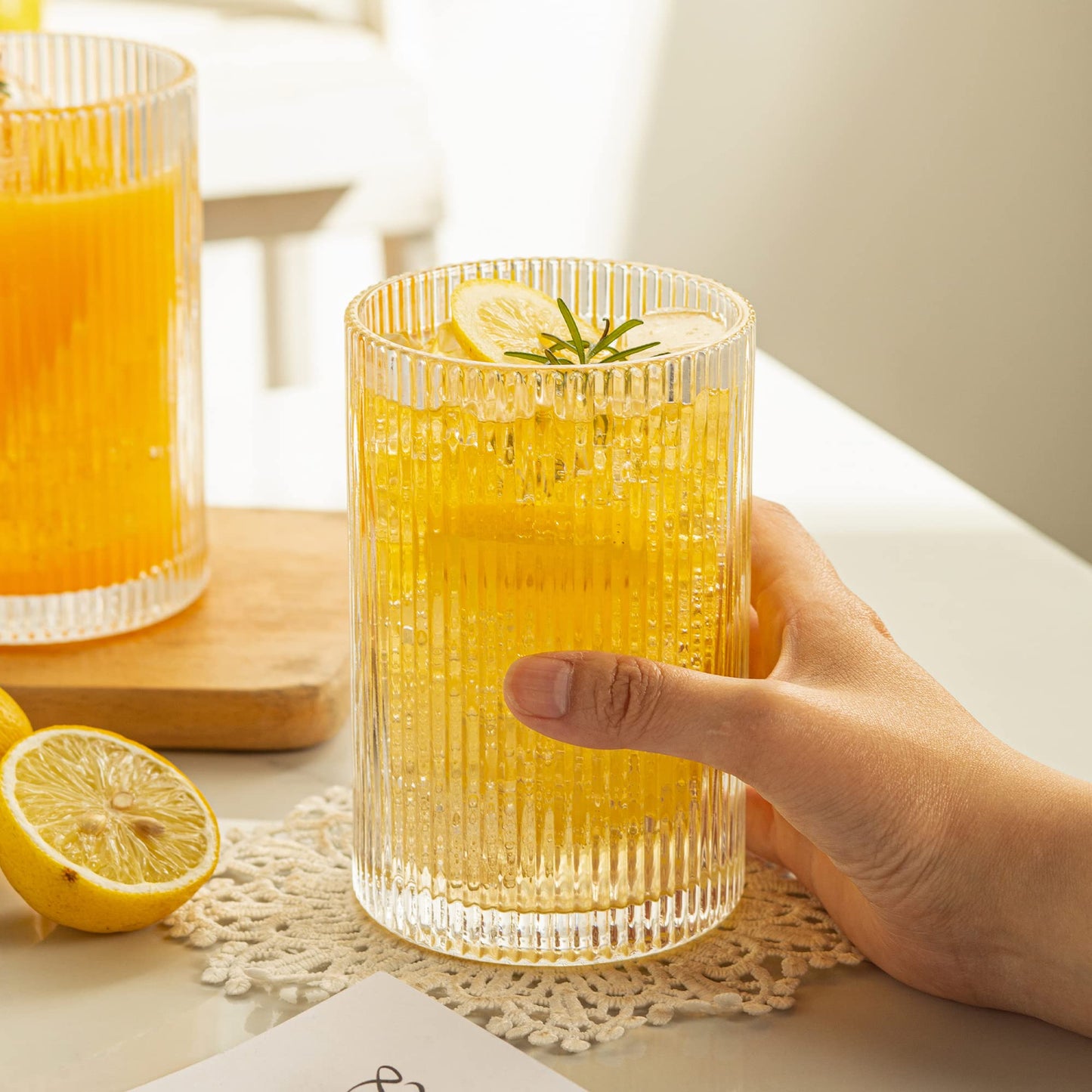 POLIDREAM Vintage Ribbed Glassware Set: 6pcs 16.9oz Drinking Glasses, Fluted Ripple Drinkware, Origami Style, Elegant Glassware for Whiskey, Cocktail,