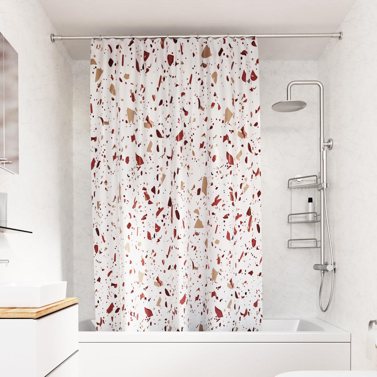 Croydex Shower Curtain with Pink Terrazzo Design - 100% Polyester with a Weighted Hem, Machine Washable and coated with Proseal for Water Repellence,