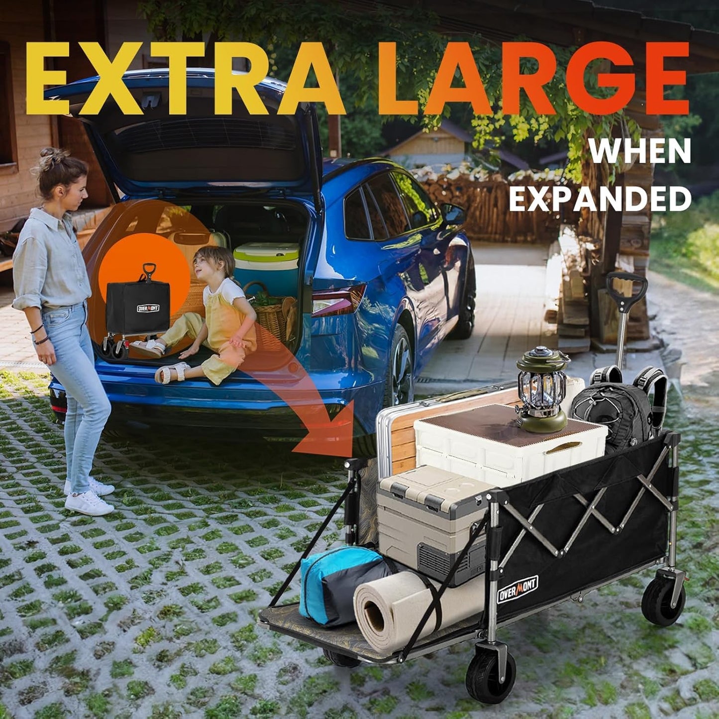 Overmont 300L Folding Festival Trolley Cart - All-terrain Extra Wide Wheels and Brake - Heavy Duty Cart Load up 150KG - with Adjustable Handle & Cover