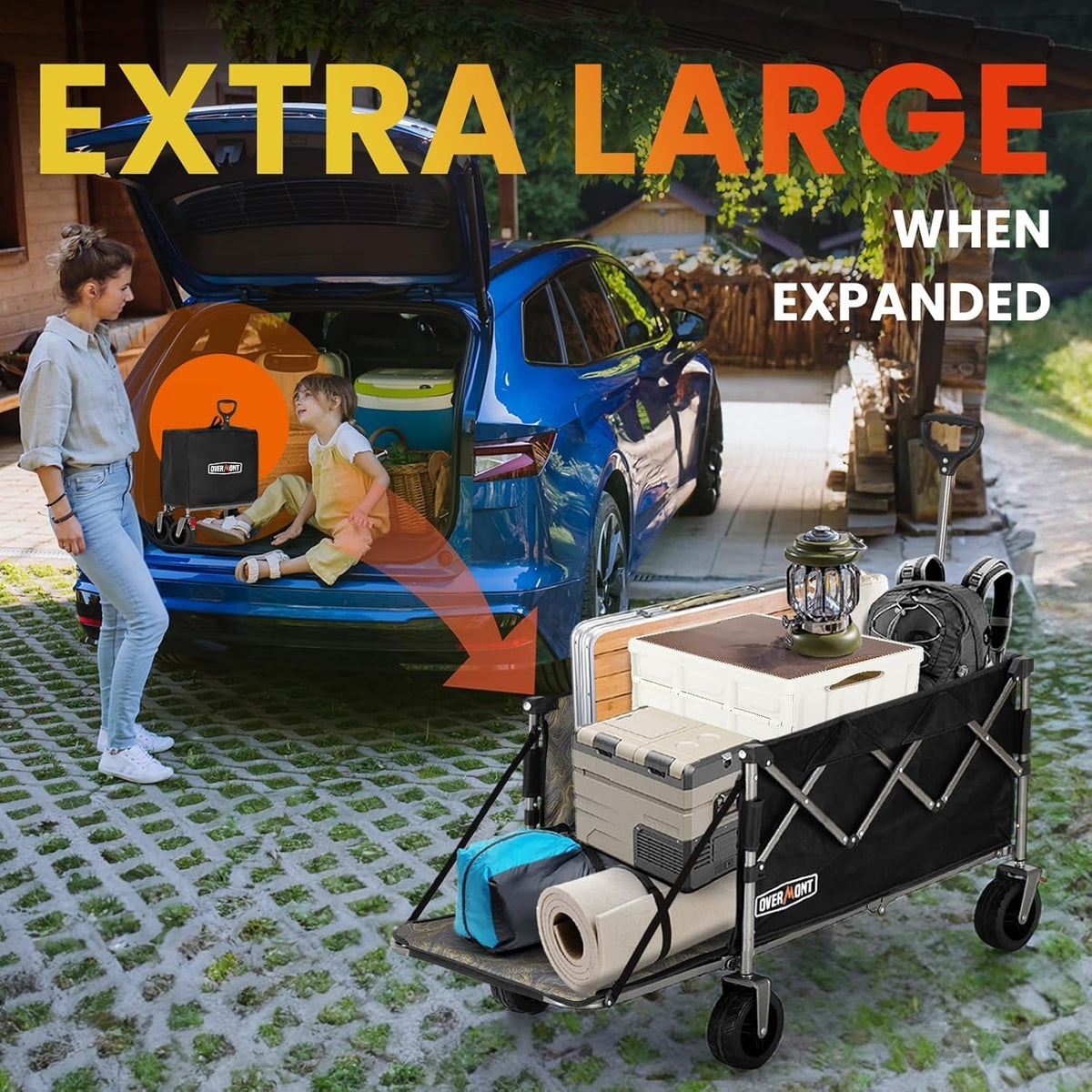 Overmont 300L Folding Festival Trolley Cart - All-terrain Extra Wide Wheels and Brake - Heavy Duty Cart Load up 150KG - with Adjustable Handle & Cover
